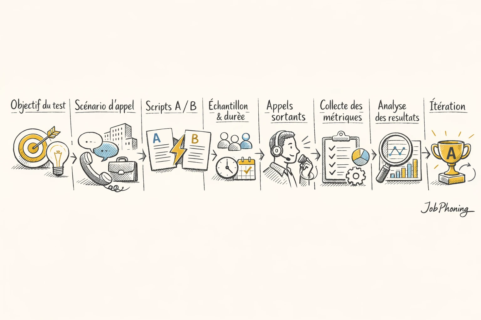 Schéma représentant un protocole A/B en étapes via blocs reliés et flèches