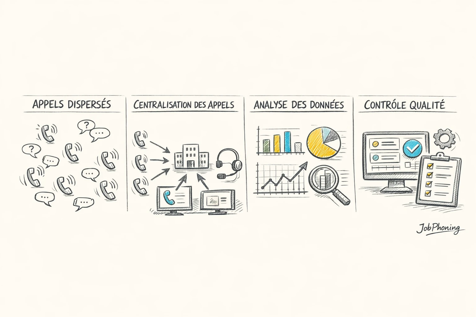 Schéma représentant un dispositif de contrôle qualité téléphonique via un enchaînement de blocs et flèches