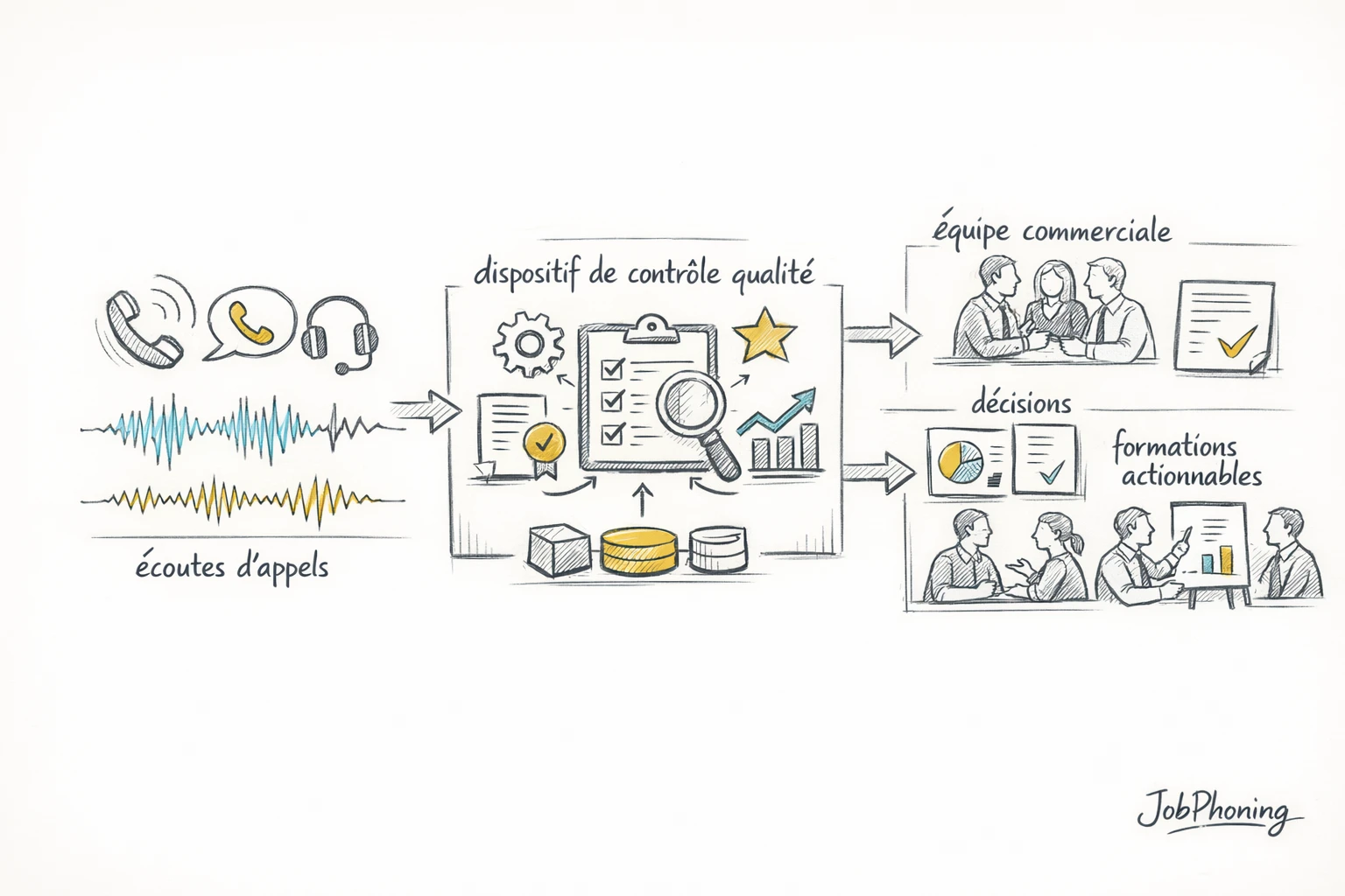 Schéma représentant l’intégration du contrôle qualité via un hub central connecté à plusieurs blocs ventes,