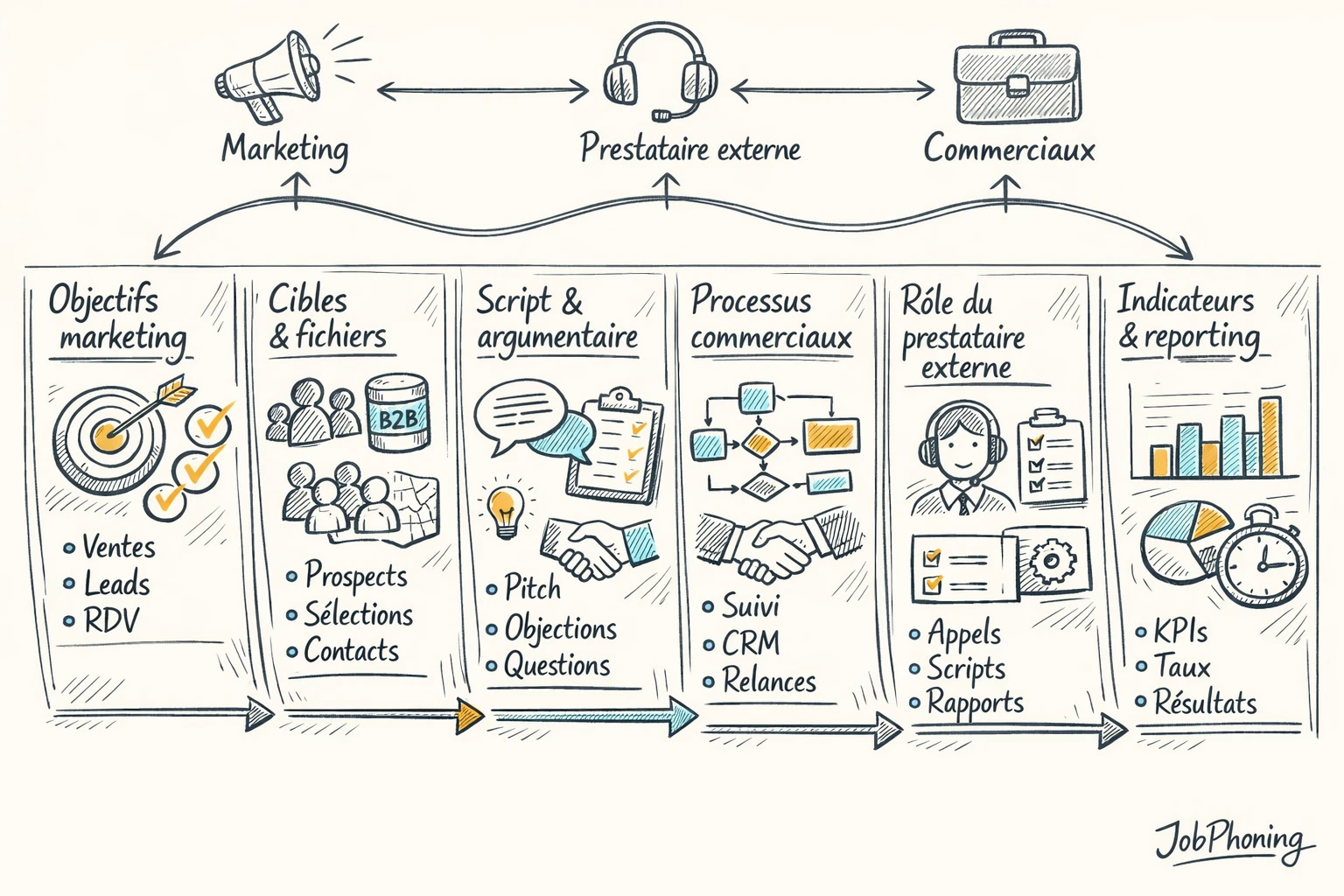 Schéma représentant la construction d’un cahier des charges d’appels B2B via blocs reliés et flèches