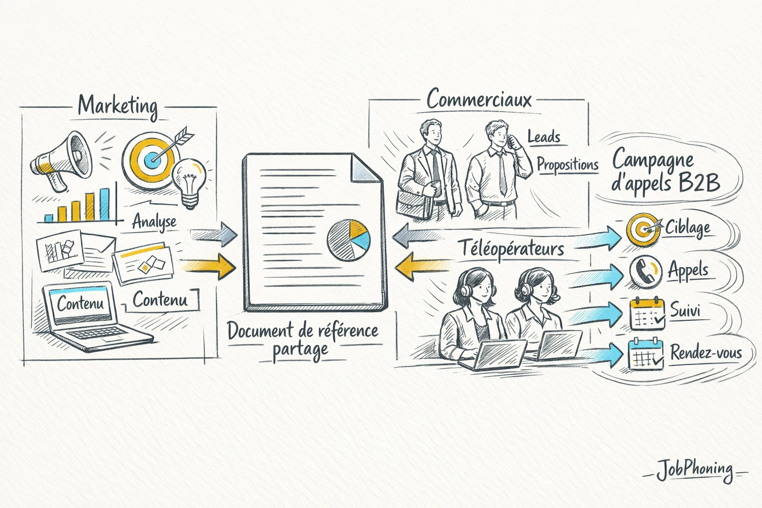 Infographie représentant la coordination du cahier des charges via un noyau central relié à trois