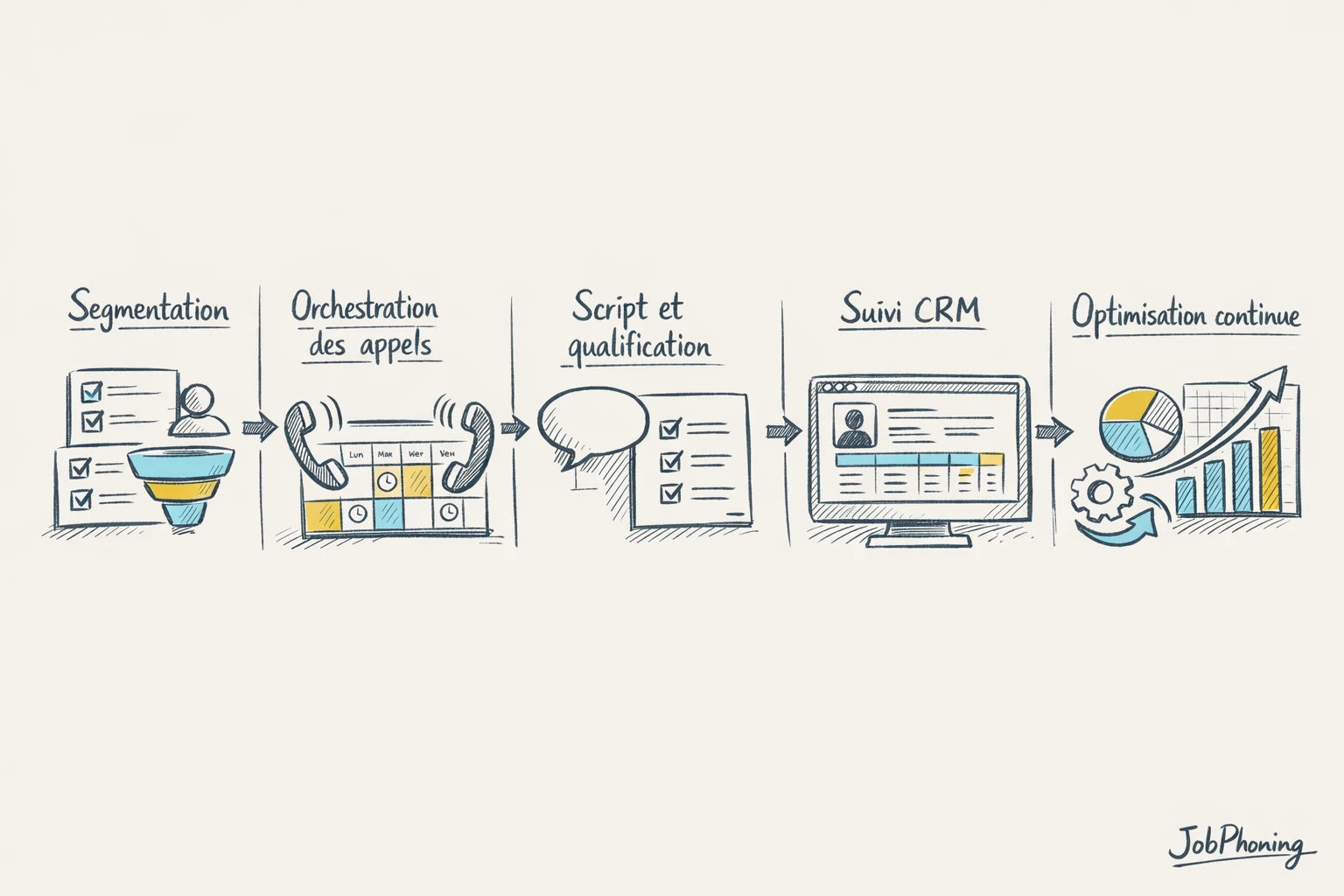 Schéma représentant une campagne d’appels structurée via enchaînement de blocs et flèches colorés