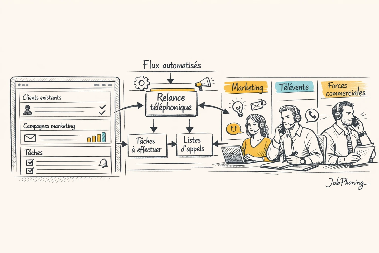 Infographie représentant la coordination relance clients via un noyau CRM central et plusieurs blocs connectés.