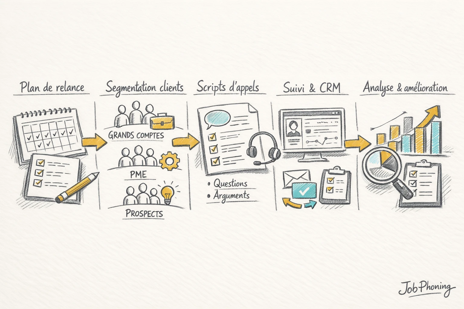 Schéma représentant un programme de relances clients via un flux d’étapes connectées minimalistes