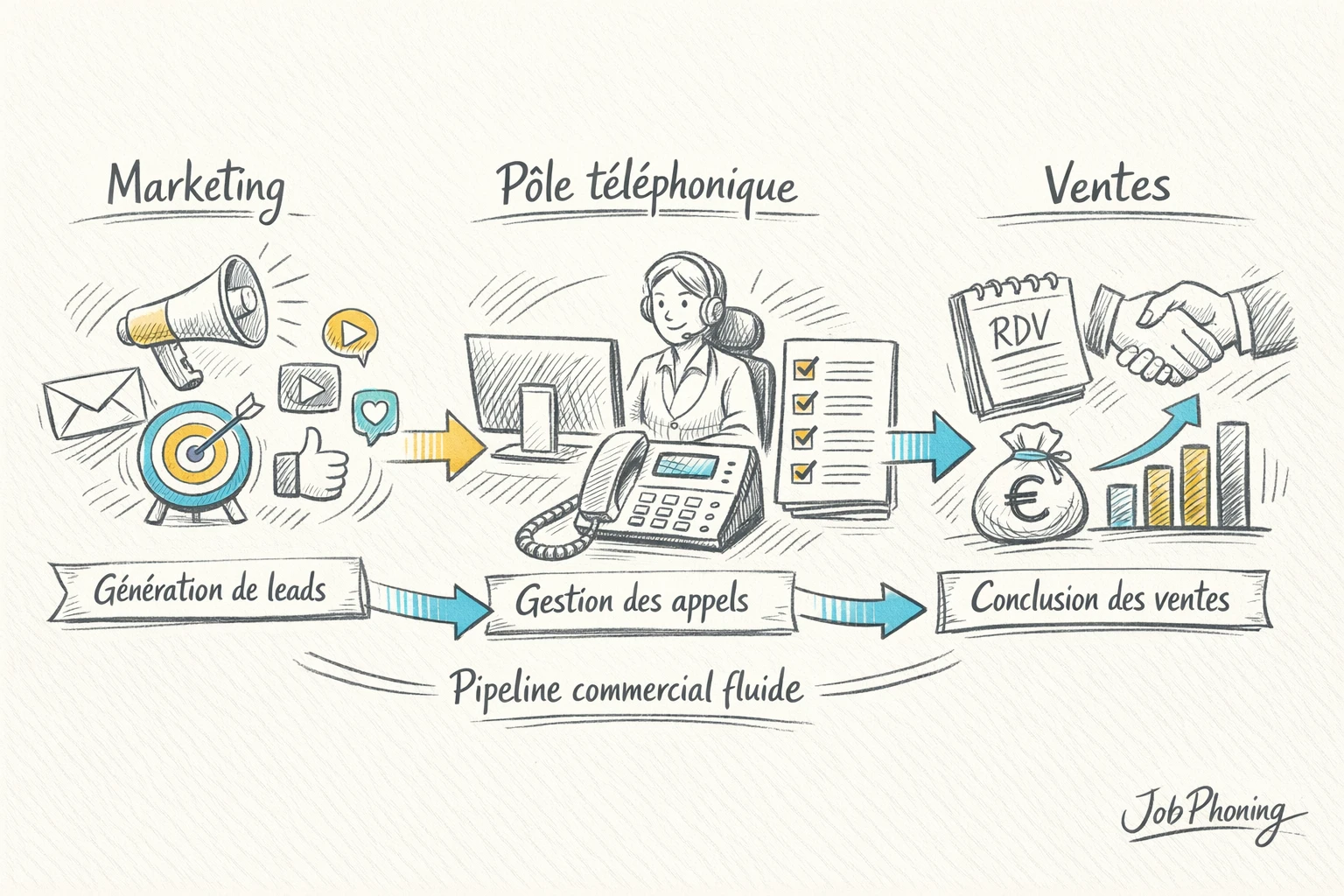 Schéma représentant l’intégration du télémarketing au pipeline marketing-ventes via modules reliés et flèches directionnelles.