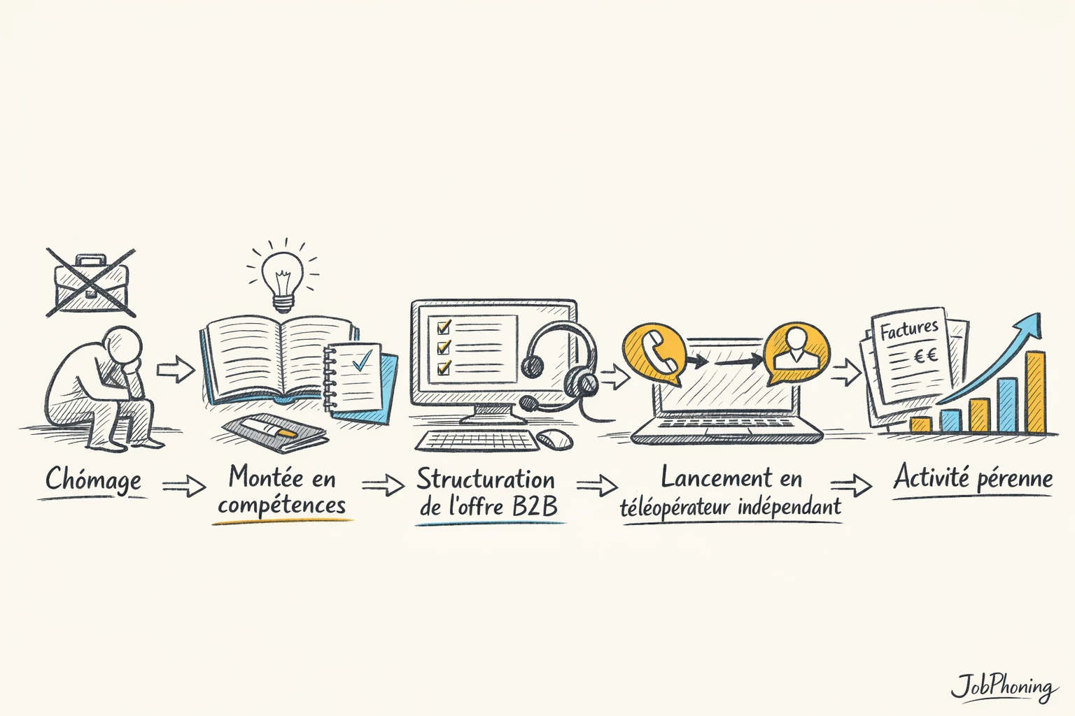 Schéma représentant un parcours vers l’indépendance B2B via flèches, blocs alignés et icônes abstraites.