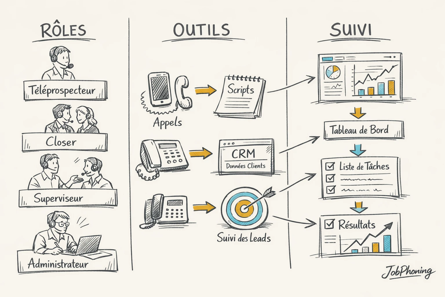 Schéma représentant l’intégration de téléopérateurs B2B via cercles reliés, flèches et blocs alignés.