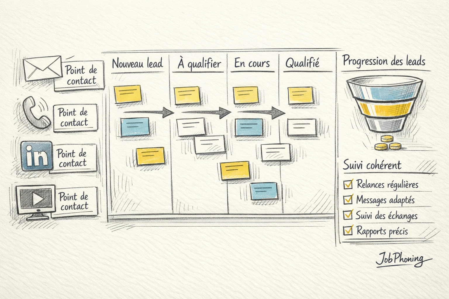 Schéma représentant un parcours de leads multicanal via flèches, écrans, téléphone et blocs de qualification