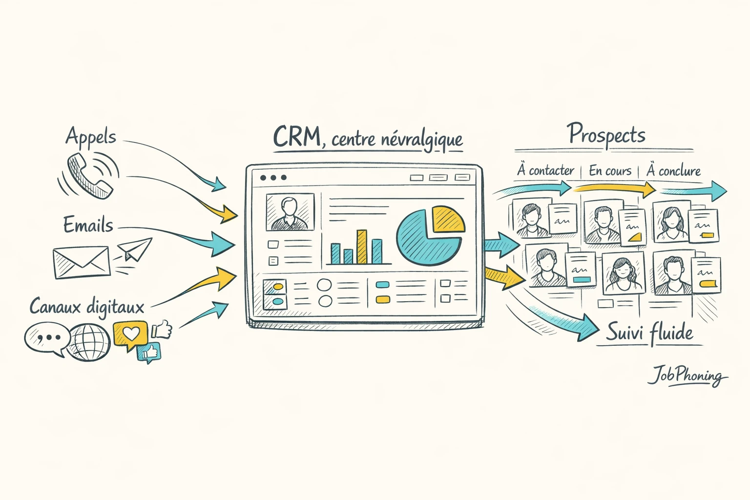 Infographie représentant la coordination marketing‑ventes via un noyau central relié à plusieurs canaux géométriques