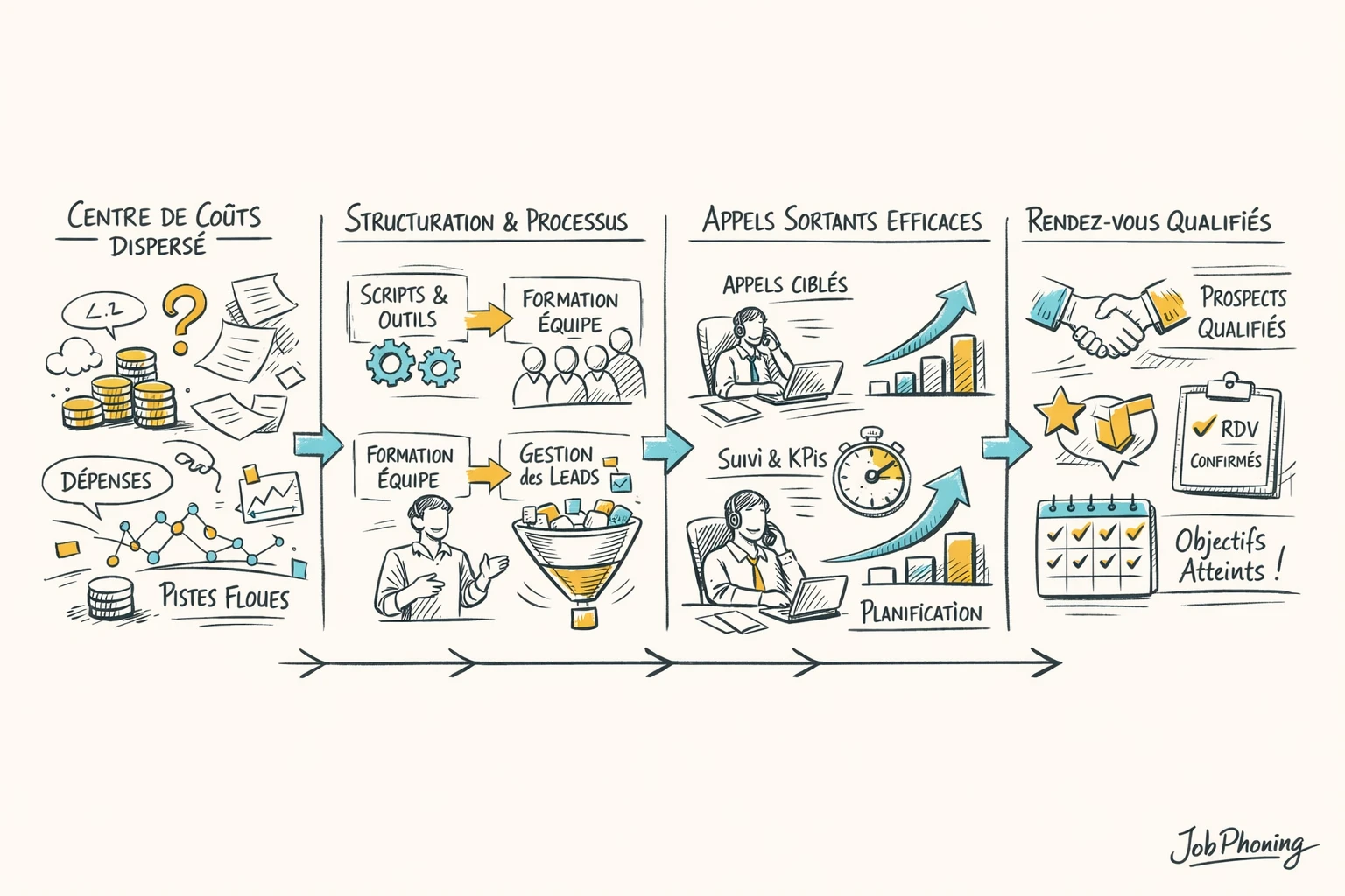 Infographie représentant des coûts de prospection maîtrisés via entonnoir bleu, blocs jaunes et pipeline structuré.