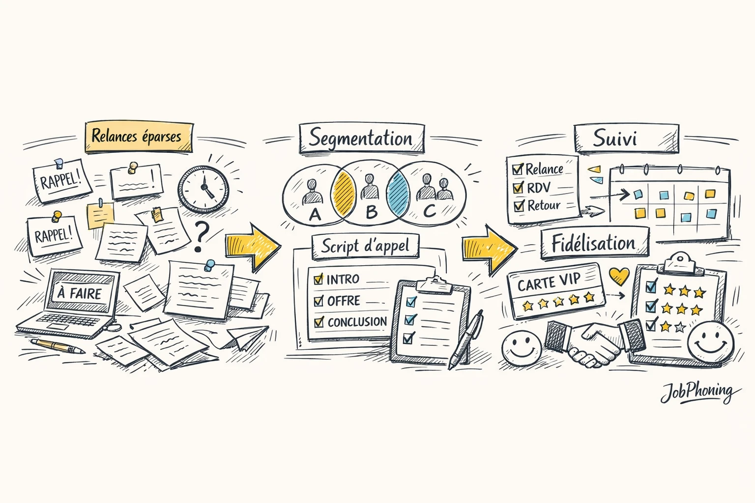 Schéma représentant la structuration d’une campagne d’appels B2B via enchaînement de blocs reliés par des