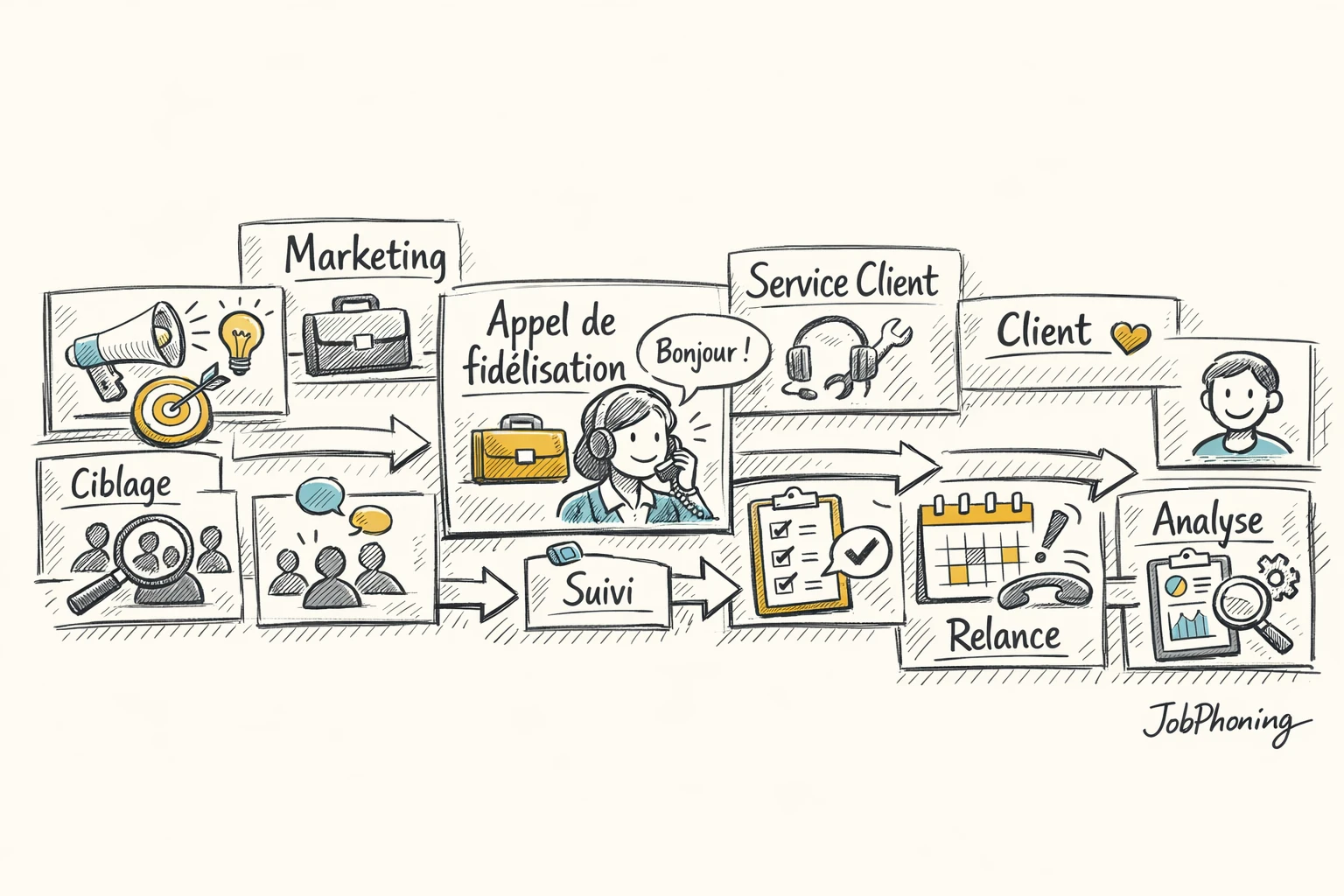 Schéma représentant la coordination des appels de fidélisation via un noyau central connecté à plusieurs