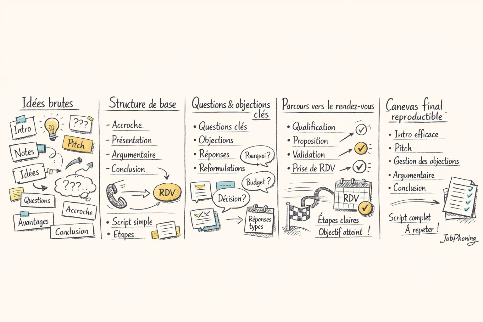 Schéma représentant la construction d’un canevas d’appel téléphonique via étapes reliées et blocs géométriques colorés.