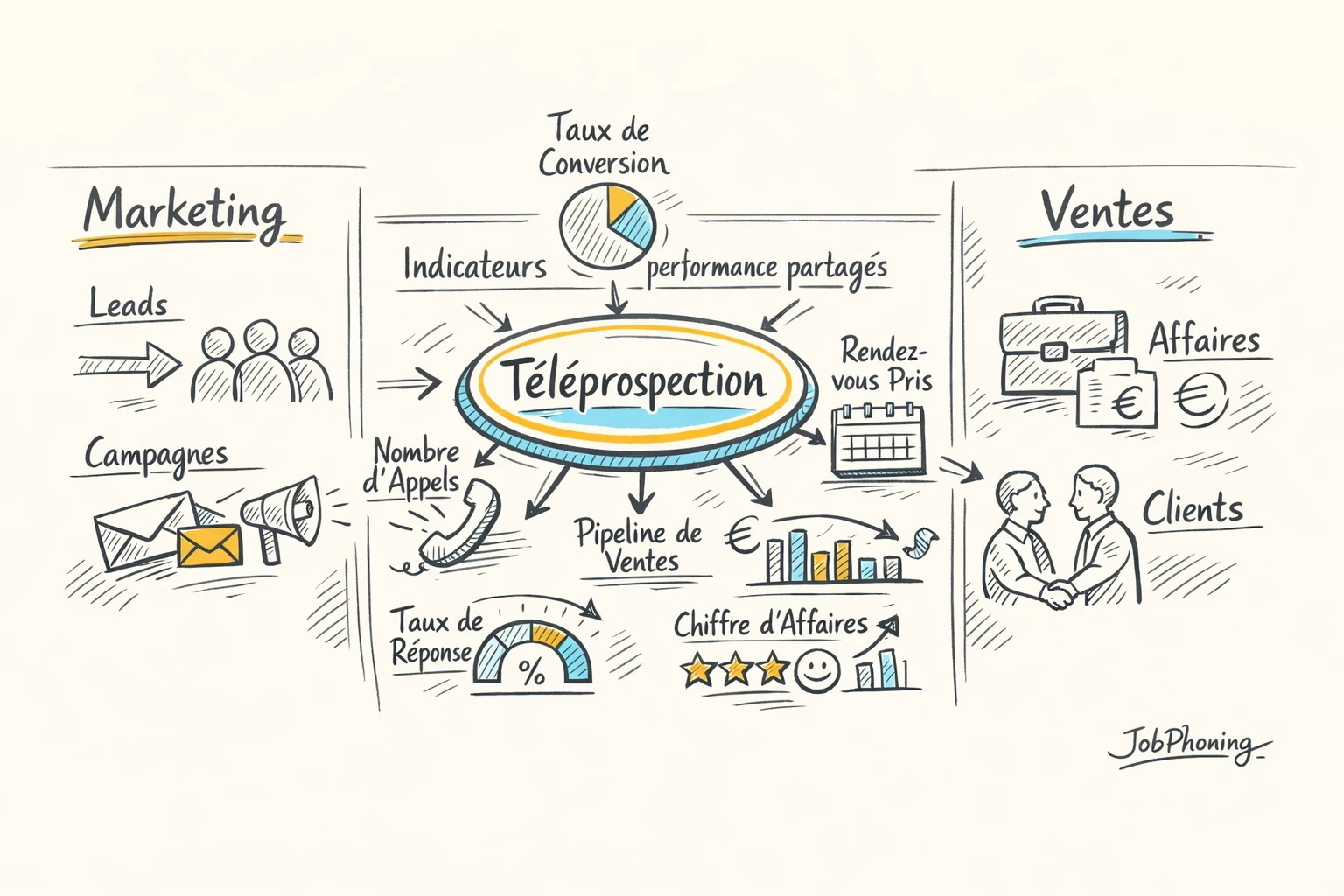Infographie représentant l’intégration de la téléprospection via pipeline, flèches et blocs interconnectés