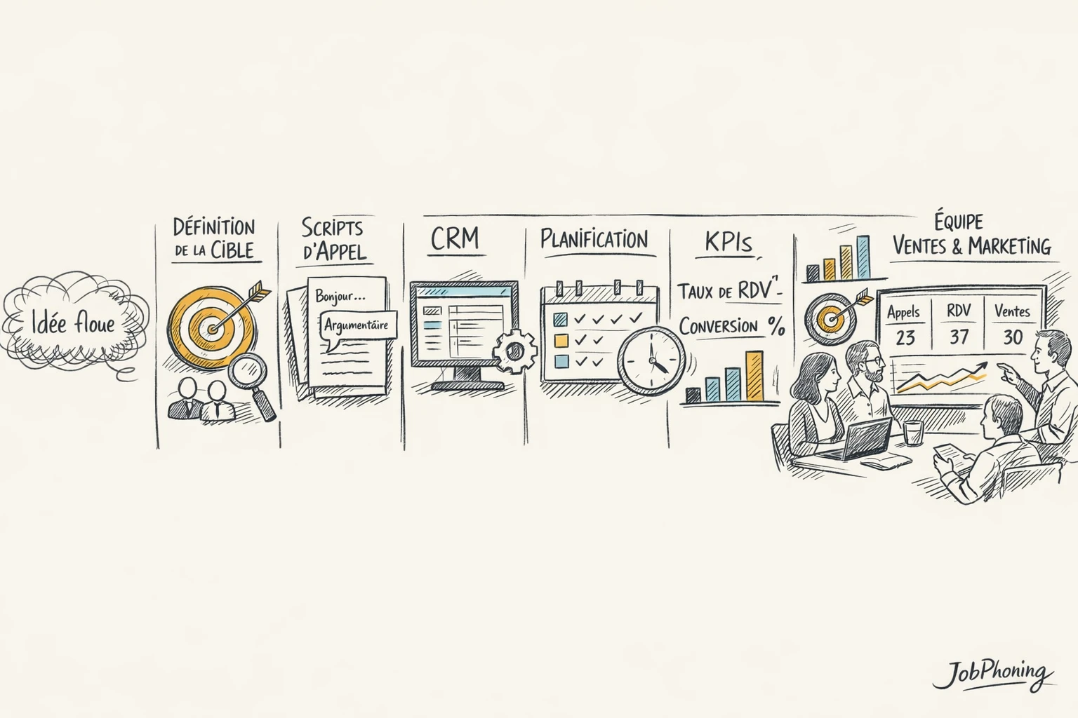 Schéma représentant la préparation d’une campagne d’appels B2B via un enchaînement de blocs et flèches