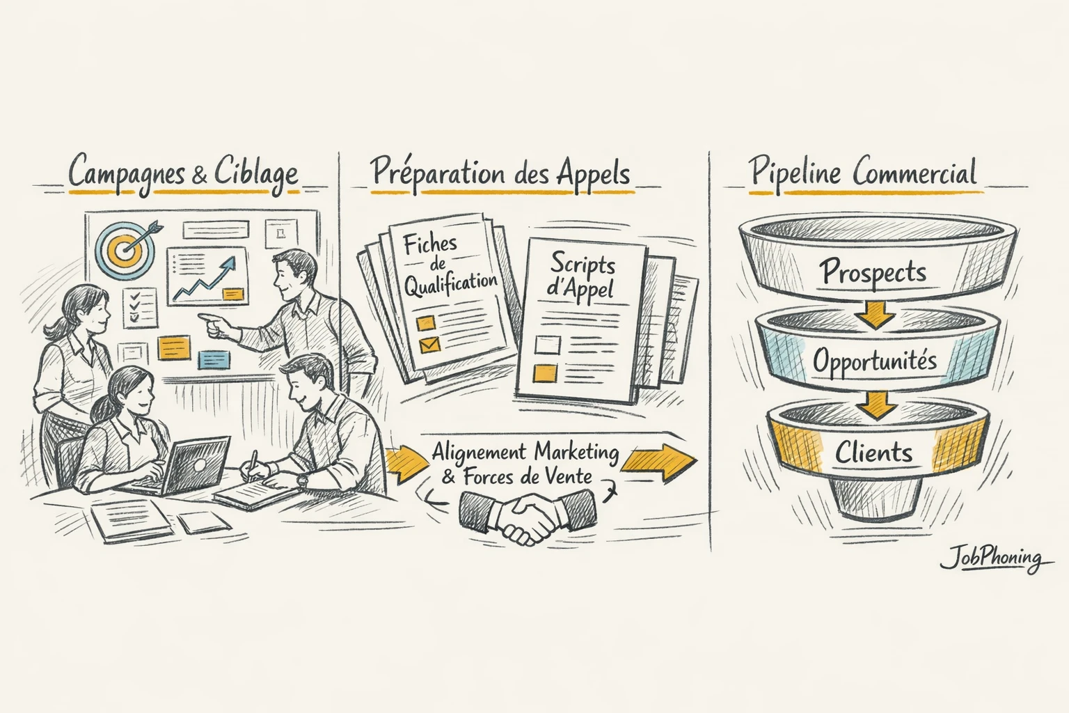 Schéma représentant la coordination téléprospection, marketing et ventes via hubs reliés à un entonnoir central