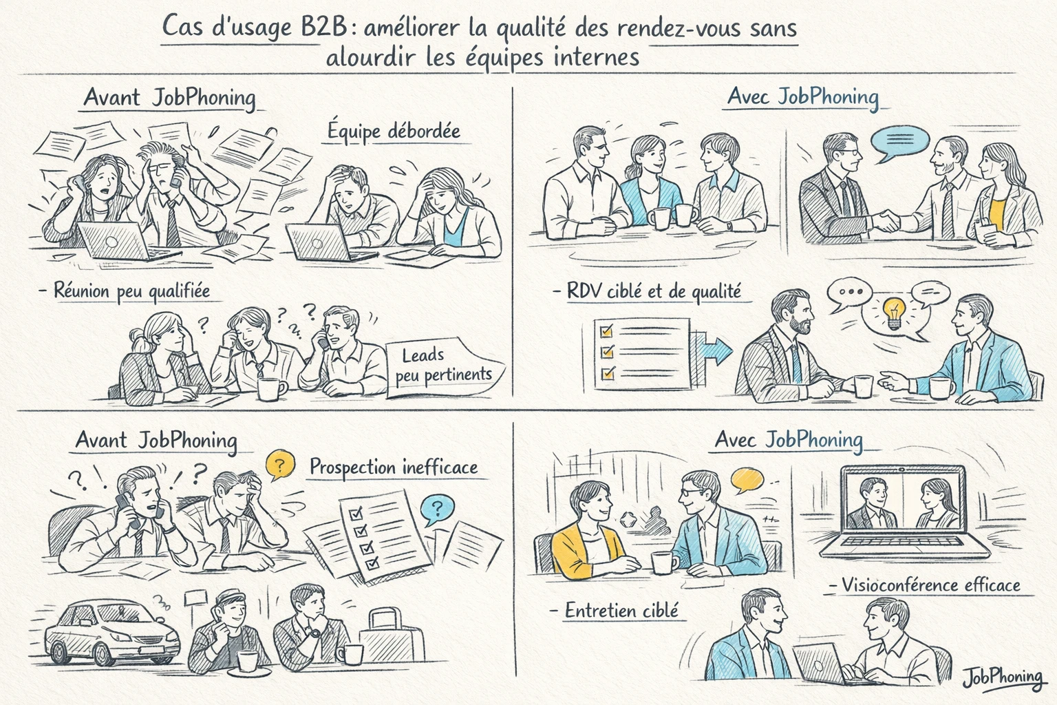 Infographie représentant différents scénarios de téléprospection B2B via colonnes comparatives et blocs colorés abstraits.