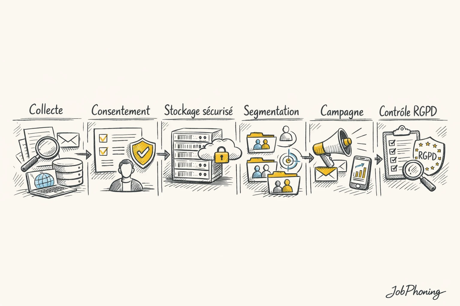 Schéma représentant la mise en conformité d’un fichier de prospection via étapes connectées et blocs