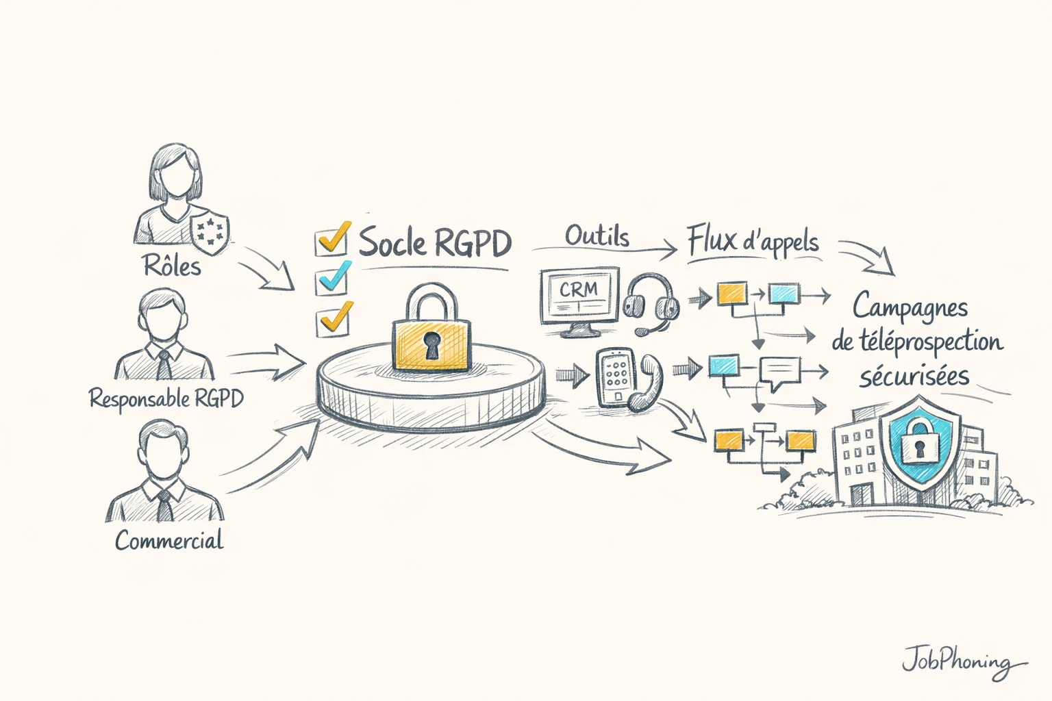 Infographie représentant la conformité RGPD via un bouclier central, base de données et nœuds reliés.