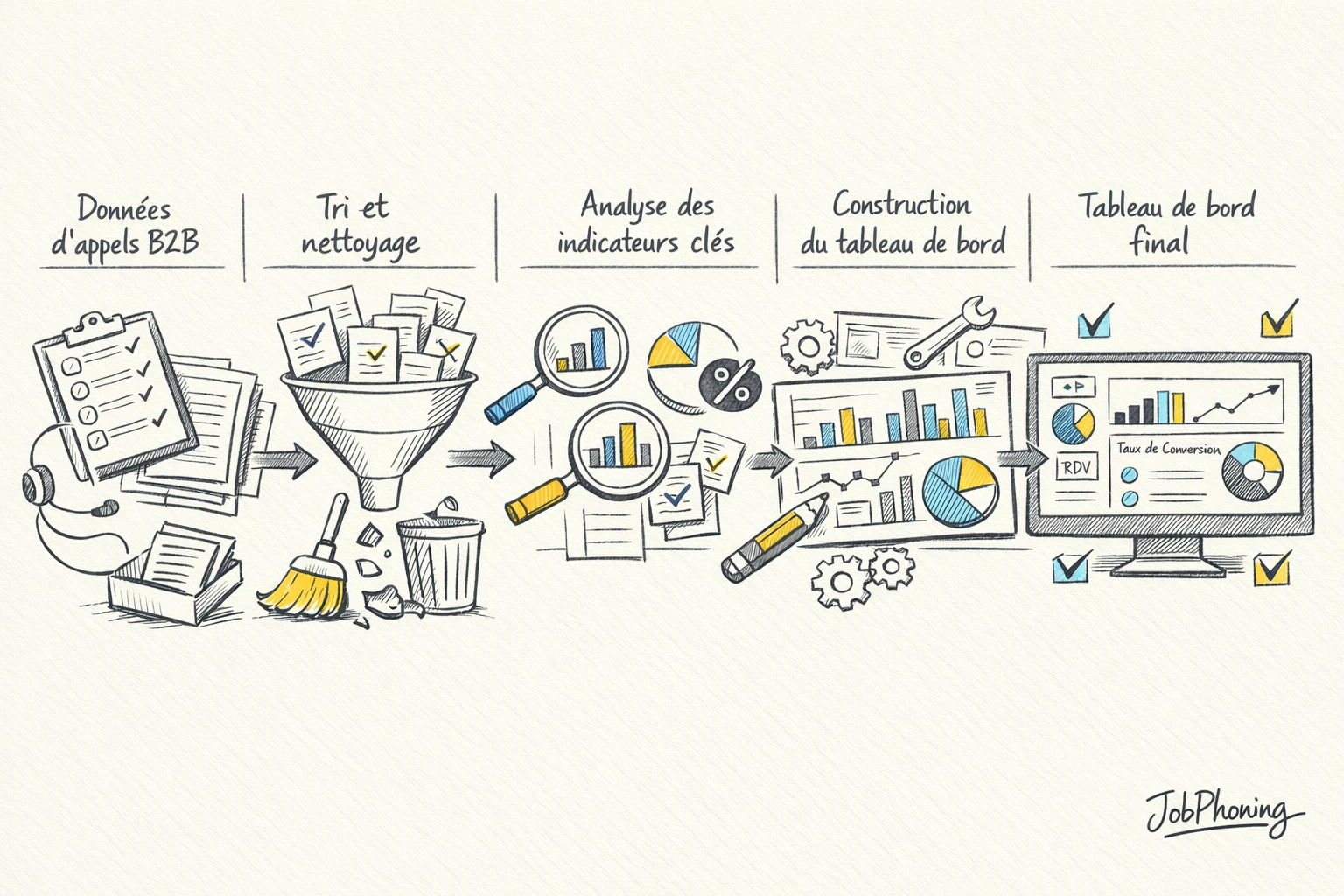Schéma représentant la construction d’un tableau de bord téléprospection via blocs reliés et flèches successives