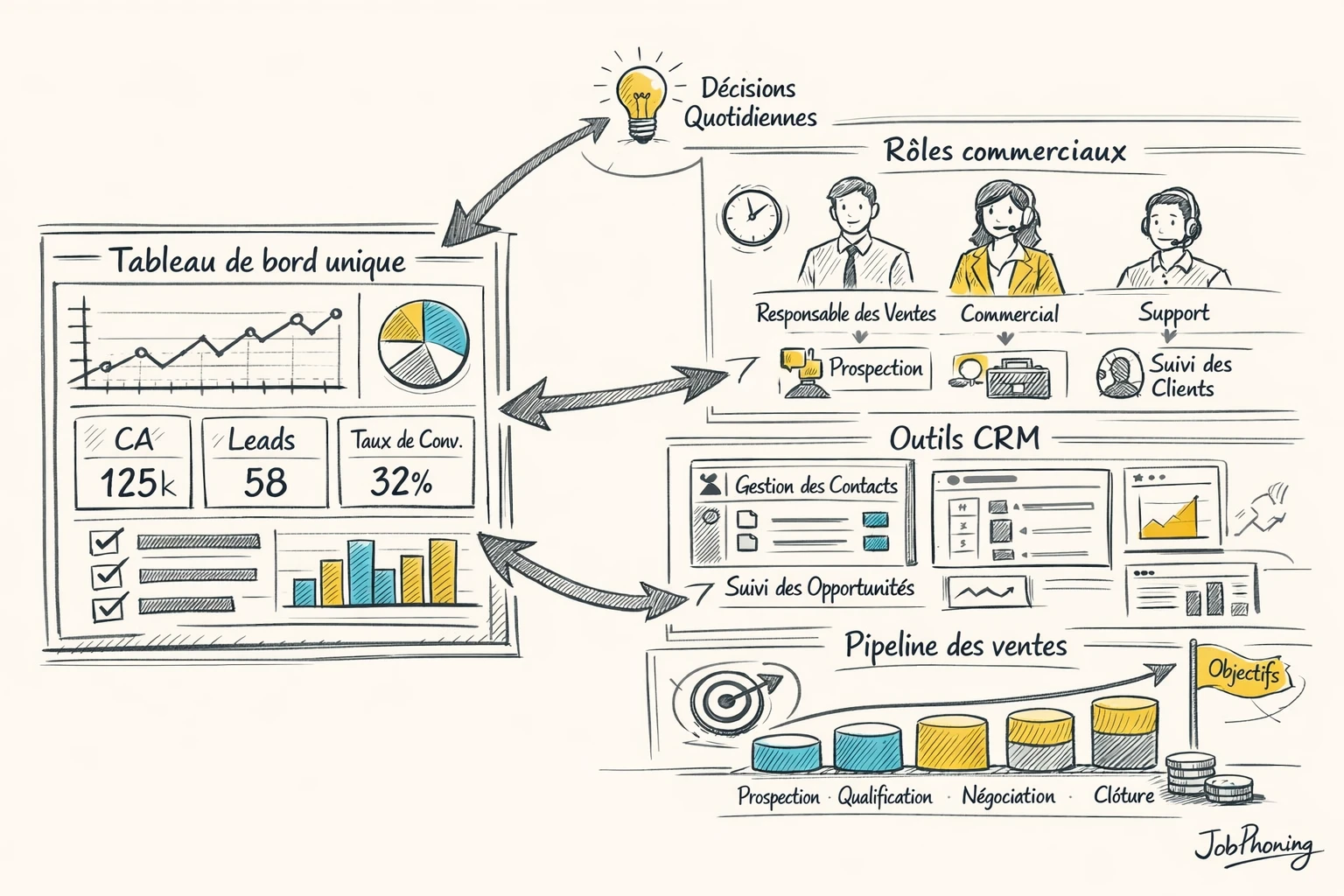 Schéma représentant l’intégration du tableau de bord aux équipes et outils via hub central et
