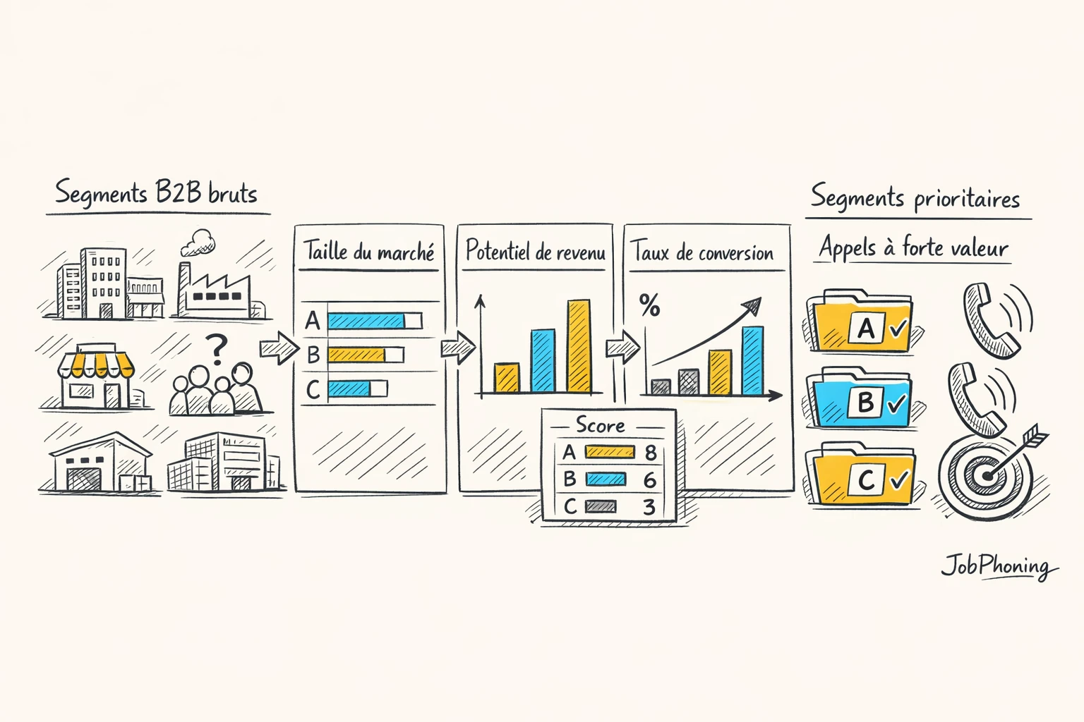 Schéma représentant la priorisation de segments B2B via blocs alignés et flèches séquentielles