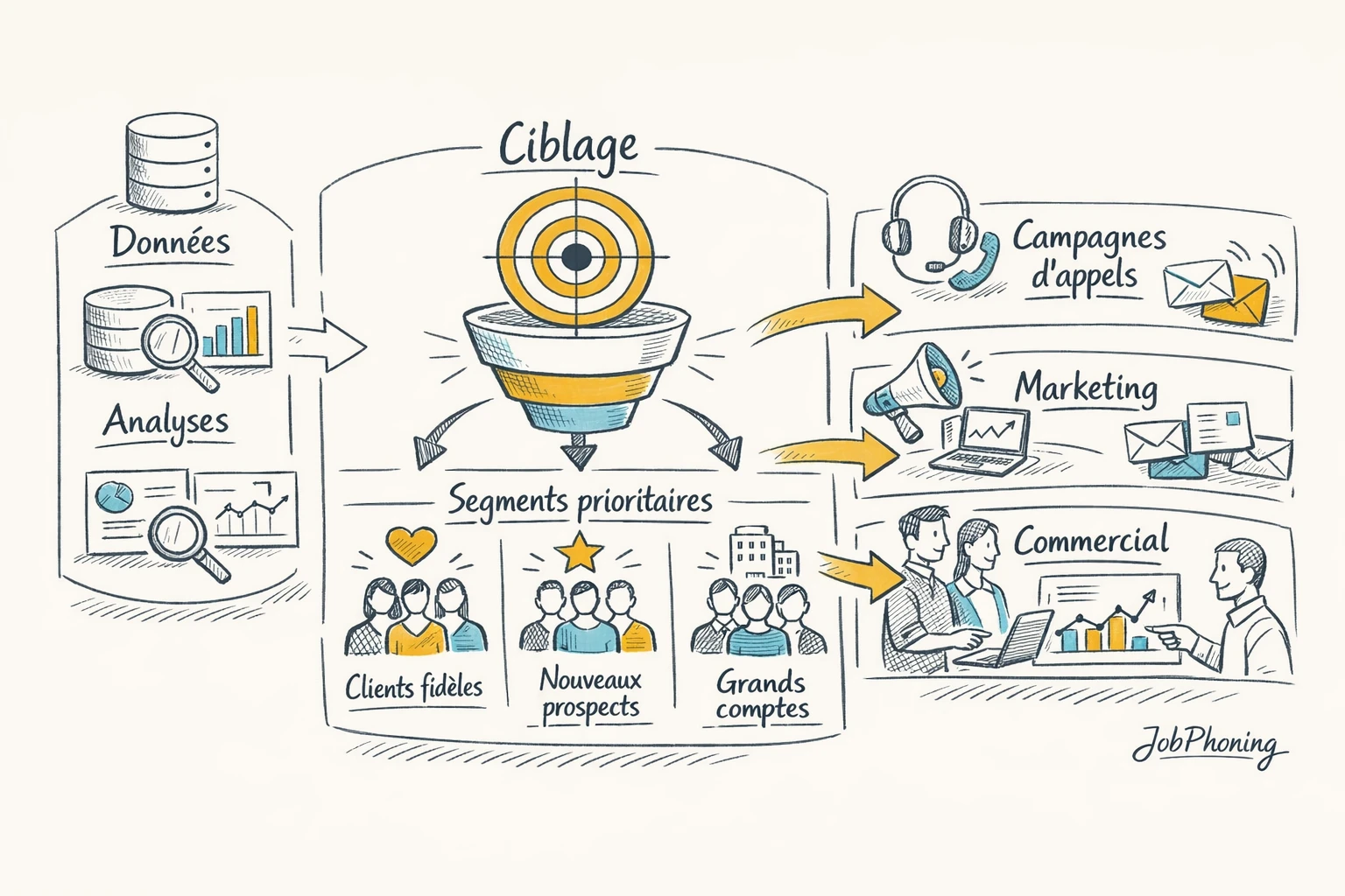 Infographie représentant l’alignement du ciblage prospects via un noyau central relié à plusieurs groupes de