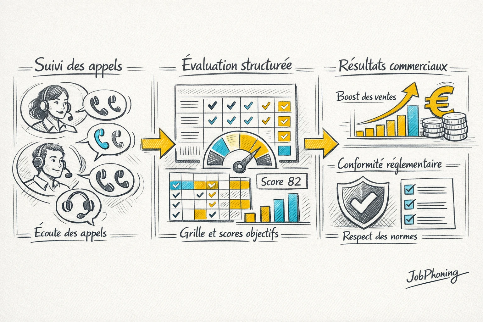 Schéma représentant le contrôle qualité en téléprospection via un enchaînement d’étapes reliées et blocs géométriques.