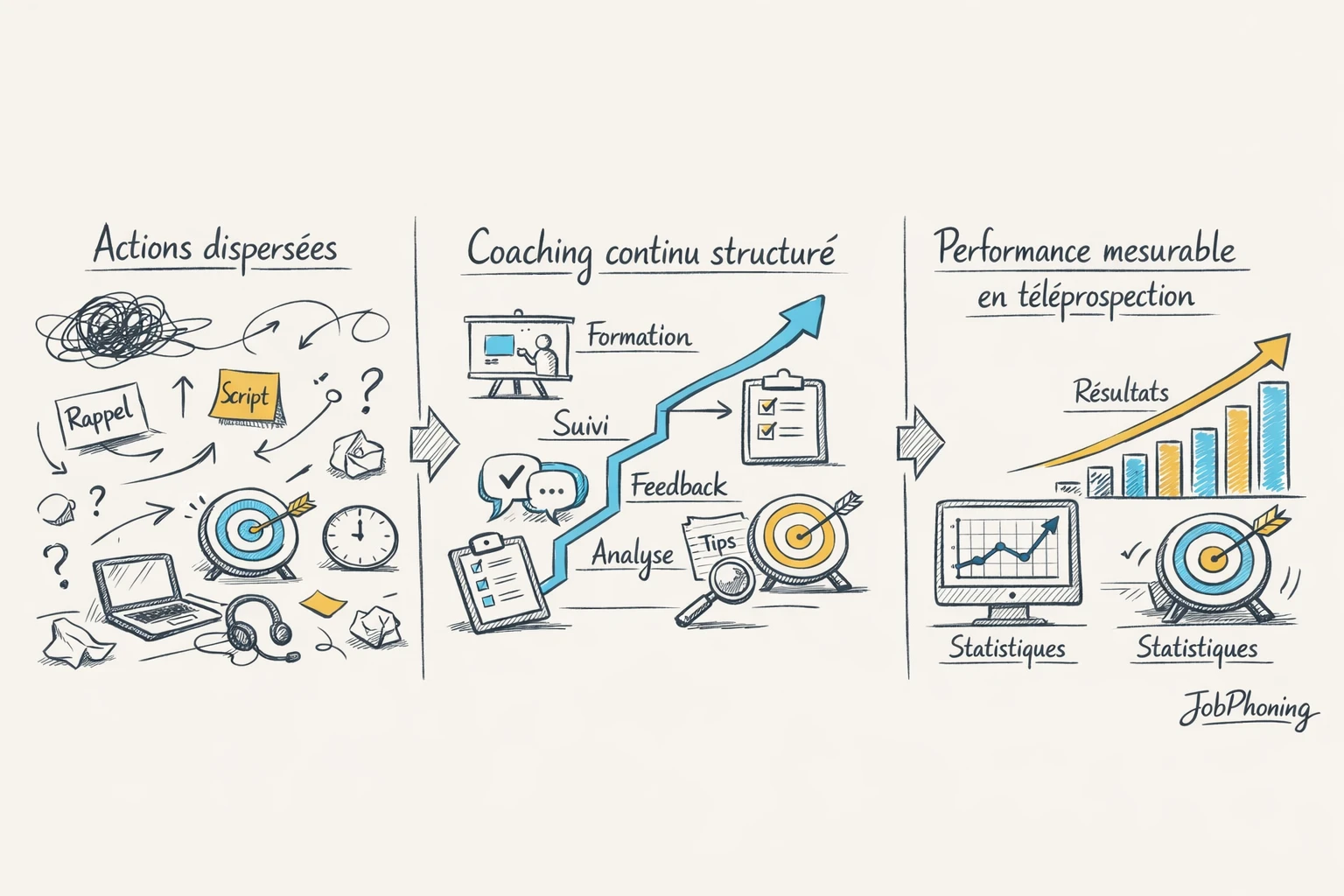 Schéma représentant l’organisation d’un coaching téléprospection via enchaînement de blocs reliés par des flèches minimalistes.