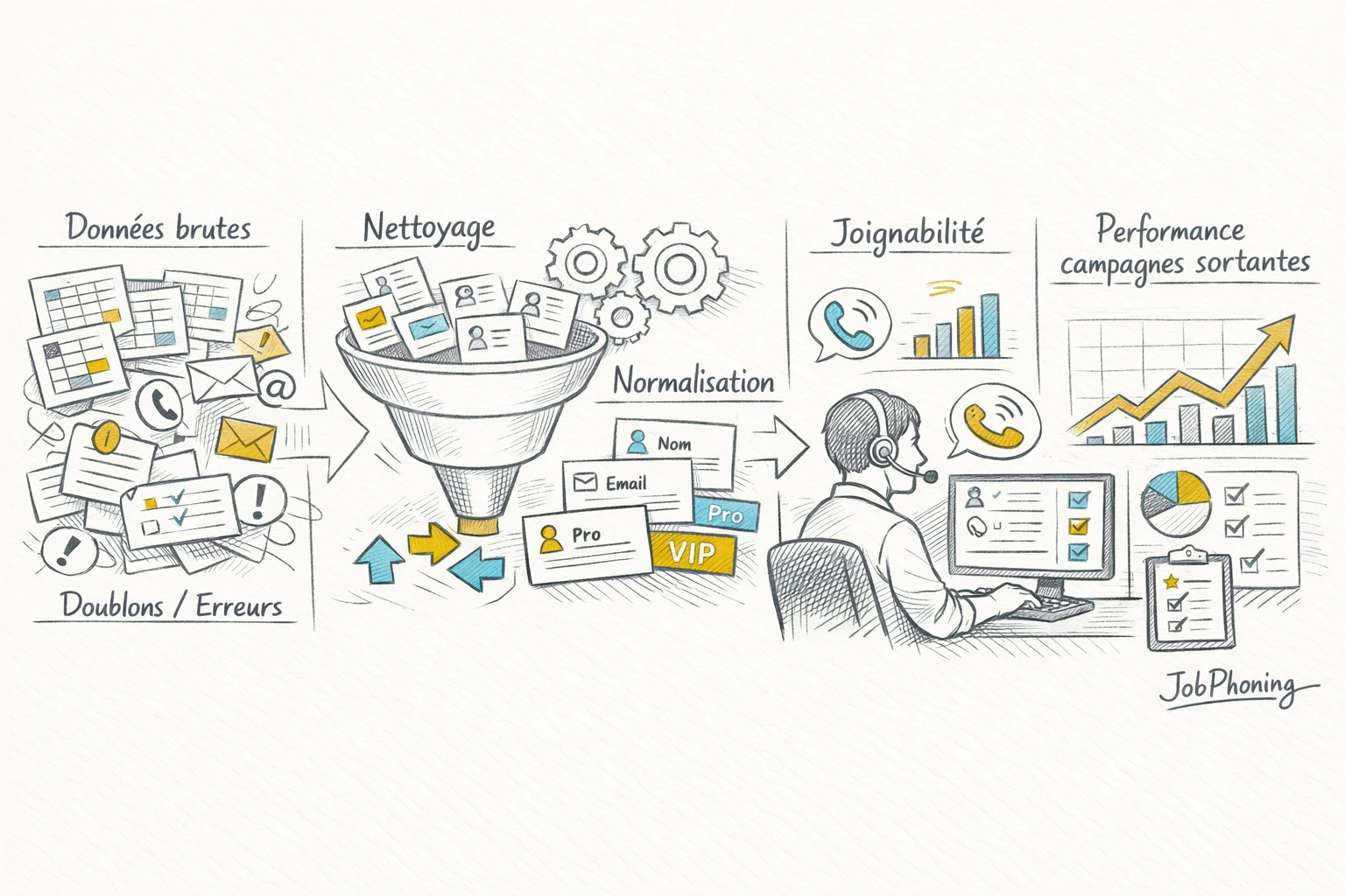 Schéma représentant l’assainissement d’un fichier B2B via blocs successifs reliés par des flèches