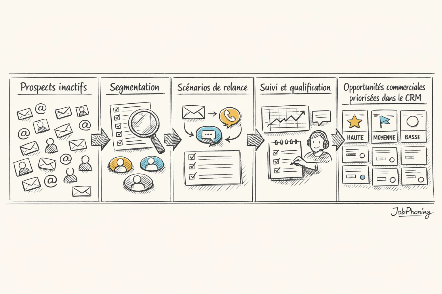 Schéma représentant une campagne de relance structurée via blocs reliés illustrant étapes CRM et appels