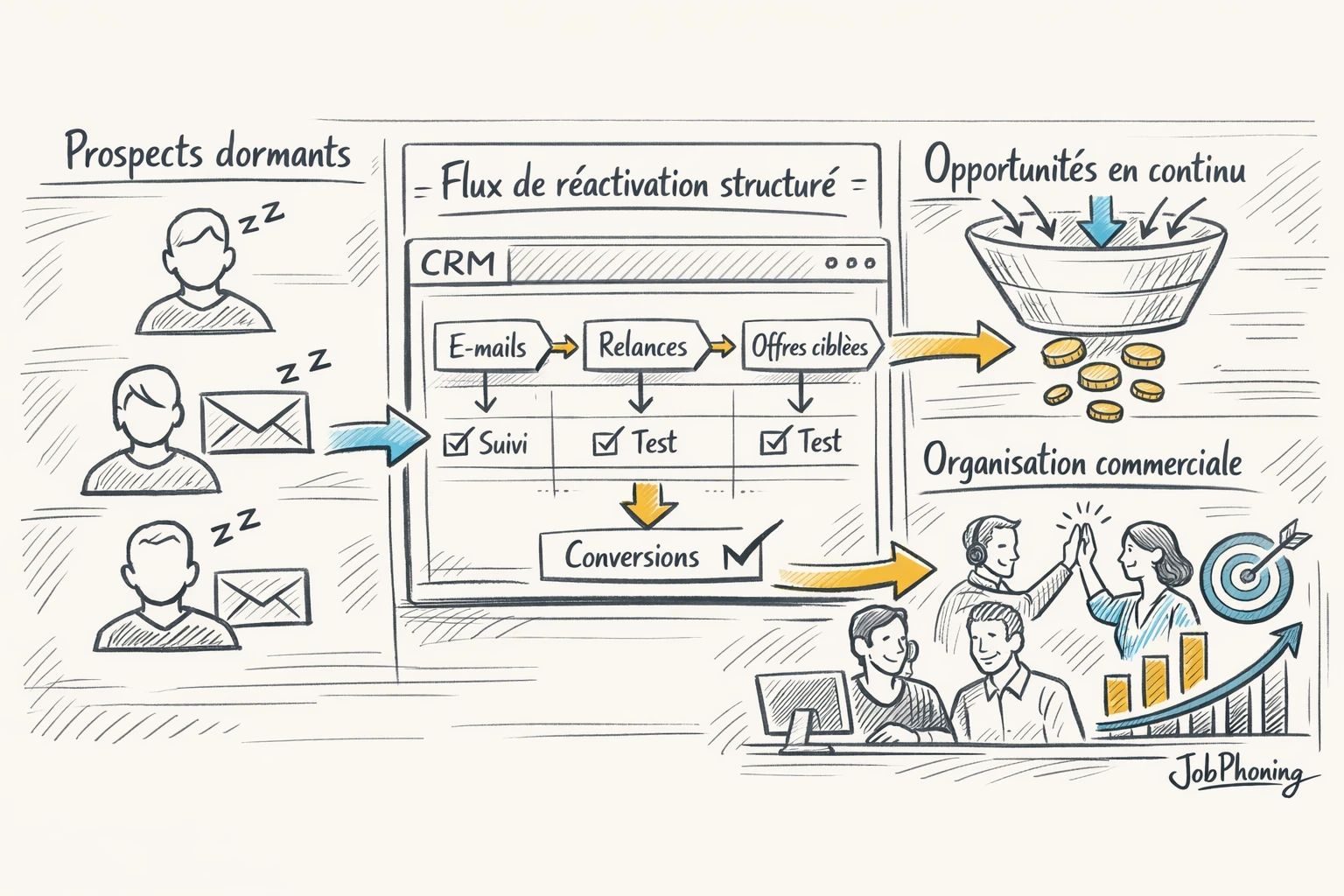 Infographie représentant la réactivation de prospects dormants via pipeline CRM, flèches et blocs connectés