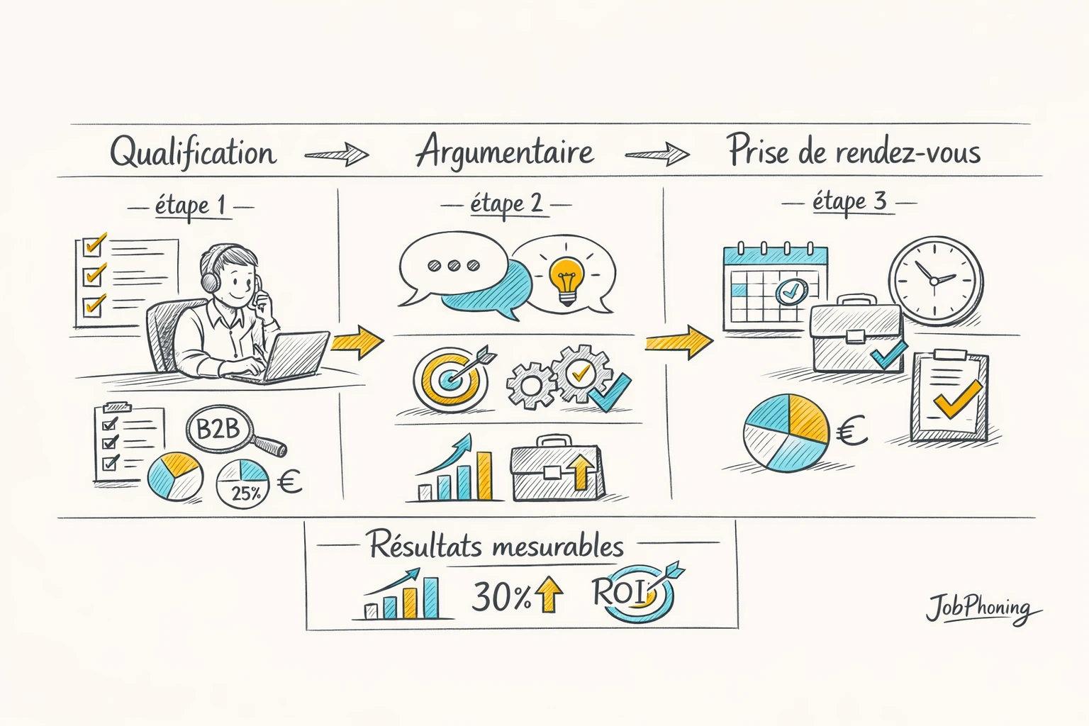 Schéma représentant la construction d’un script d’appel B2B via étapes séquencées et blocs connectés