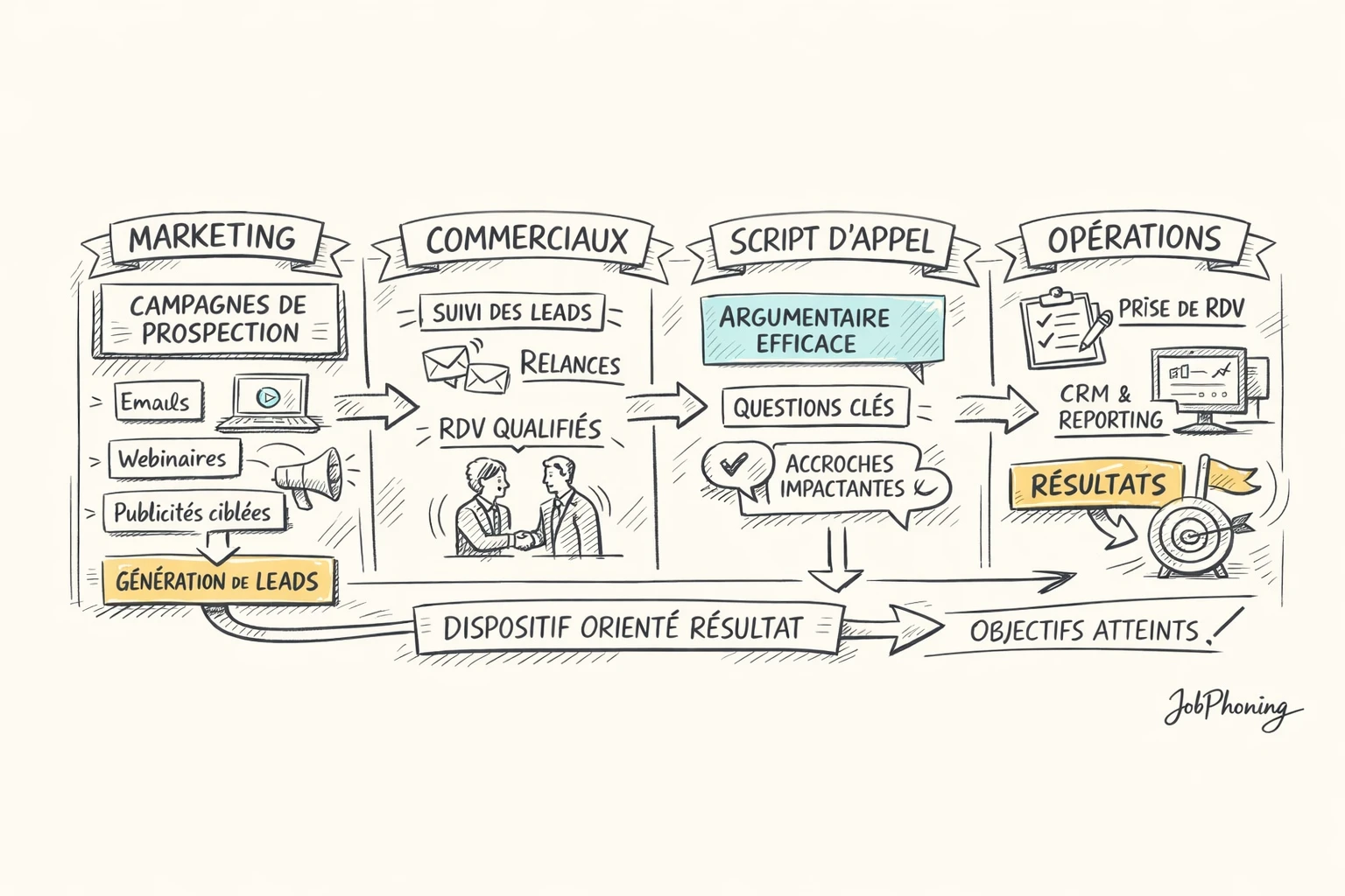 Schéma représentant l’alignement du script d’appel via un noyau central relié à trois blocs et