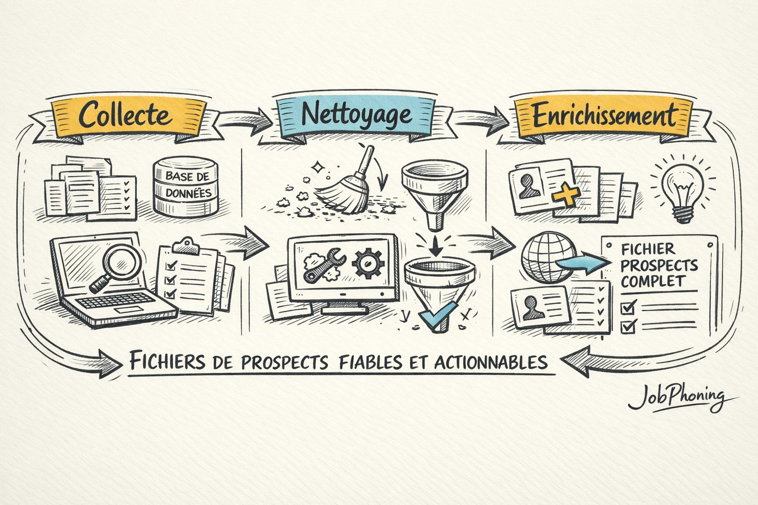 Schéma représentant la gestion continue de données prospects via blocs reliés en flux