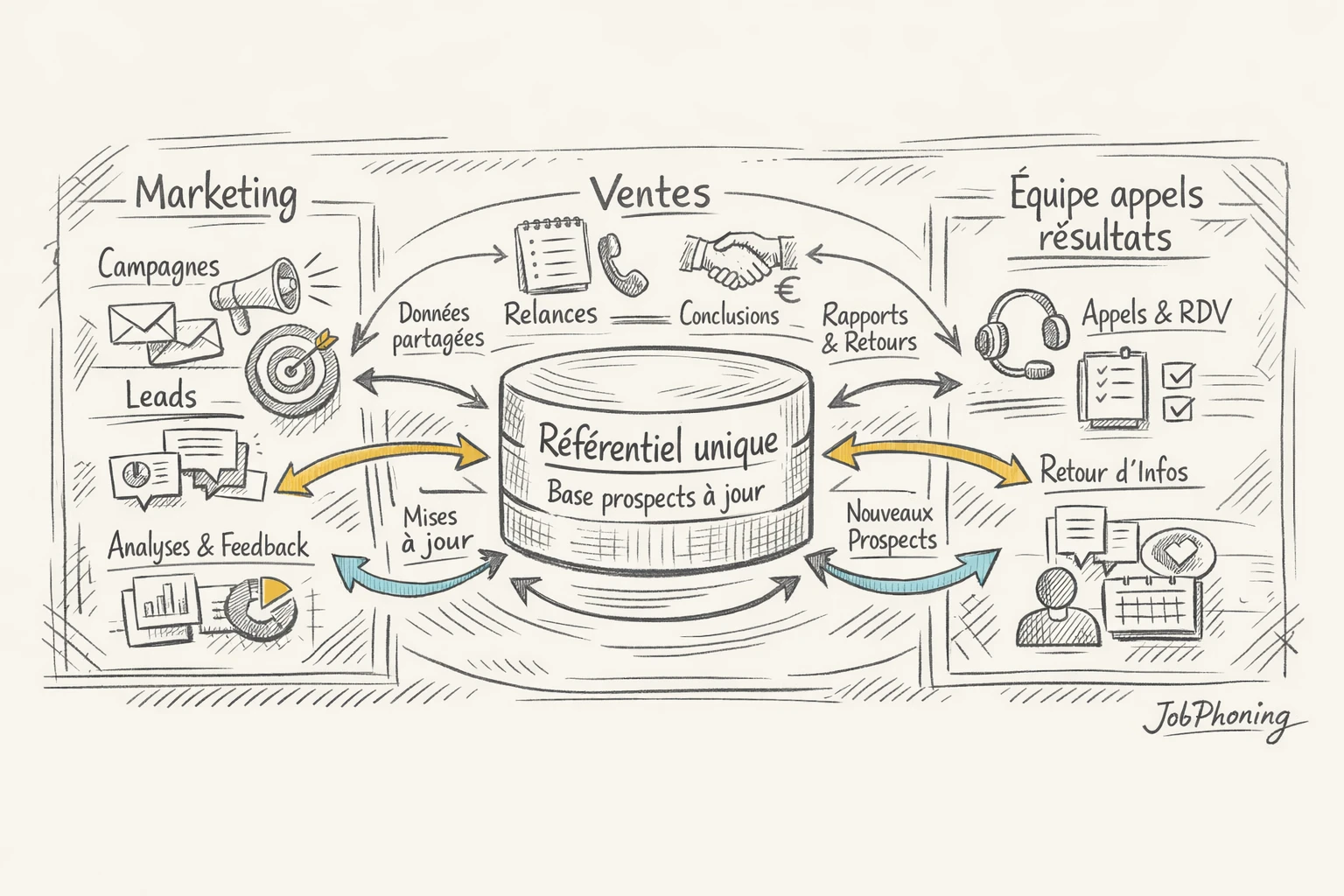 Schéma représentant la circulation des données B2B via un cylindre central connecté à trois blocs