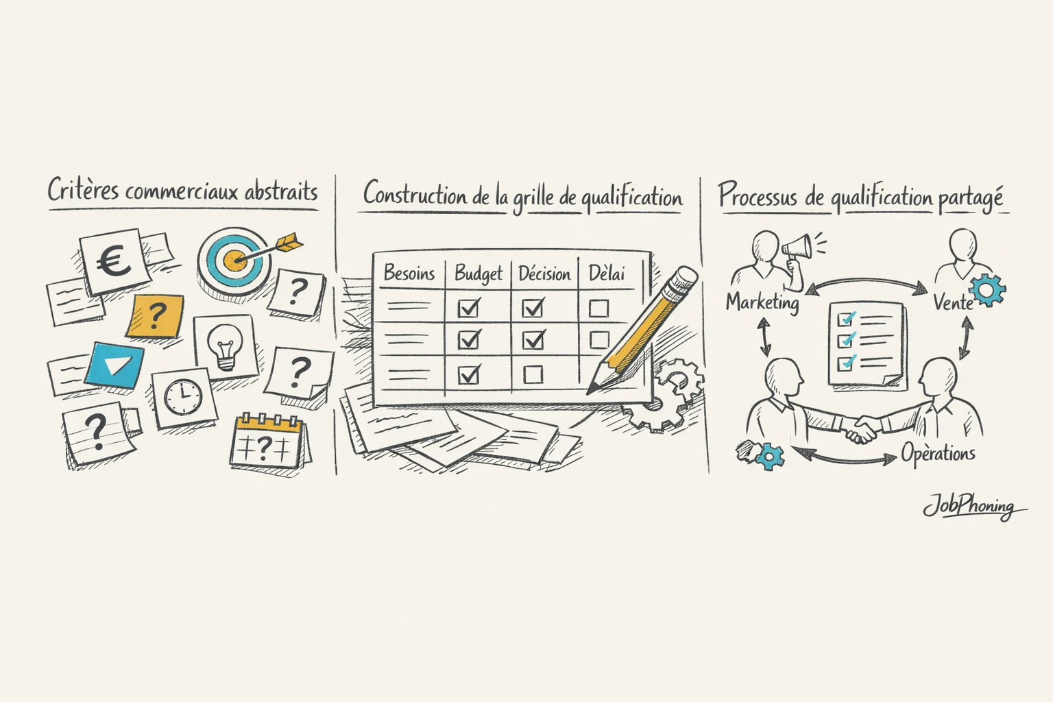 Schéma représentant la construction d’une grille de qualification via blocs alignés et flèches séquentielles