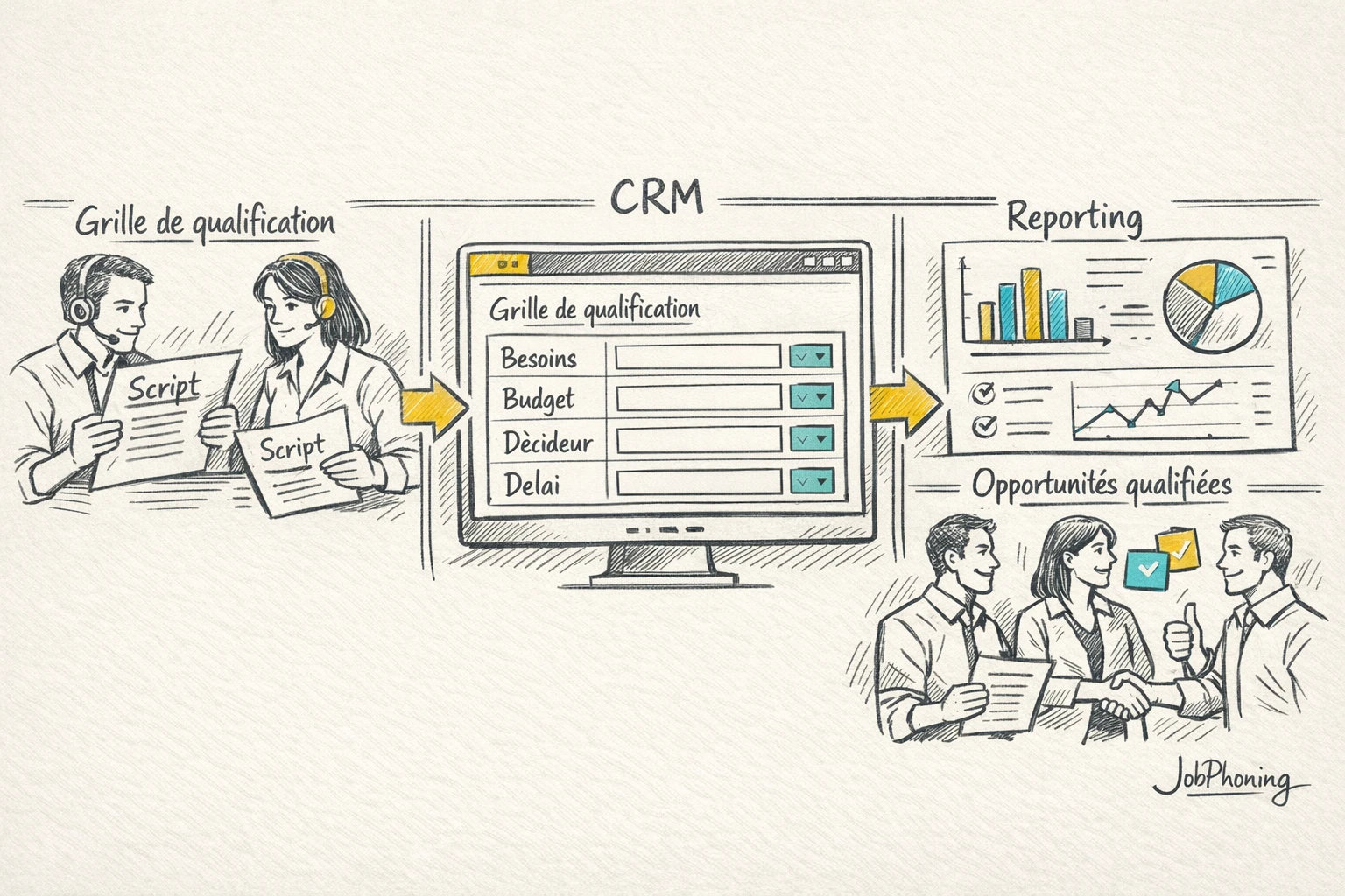 Schéma représentant une grille de qualification centrale via hub géométrique connecté à plusieurs blocs alignés.