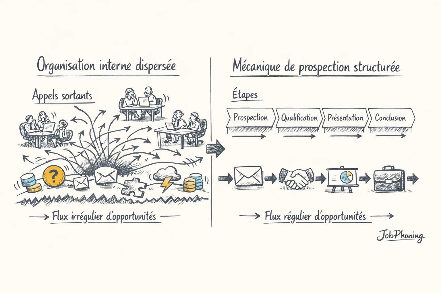 Schéma représentant les limites de la téléprospection interne via pipeline fragmenté et hub centralisé.