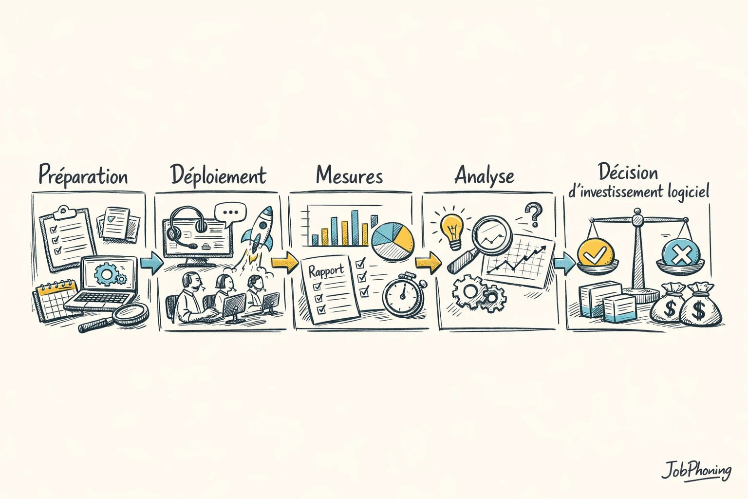 Schéma représentant un test pilote logiciel via un flux d’étapes reliées et blocs abstraits colorés.