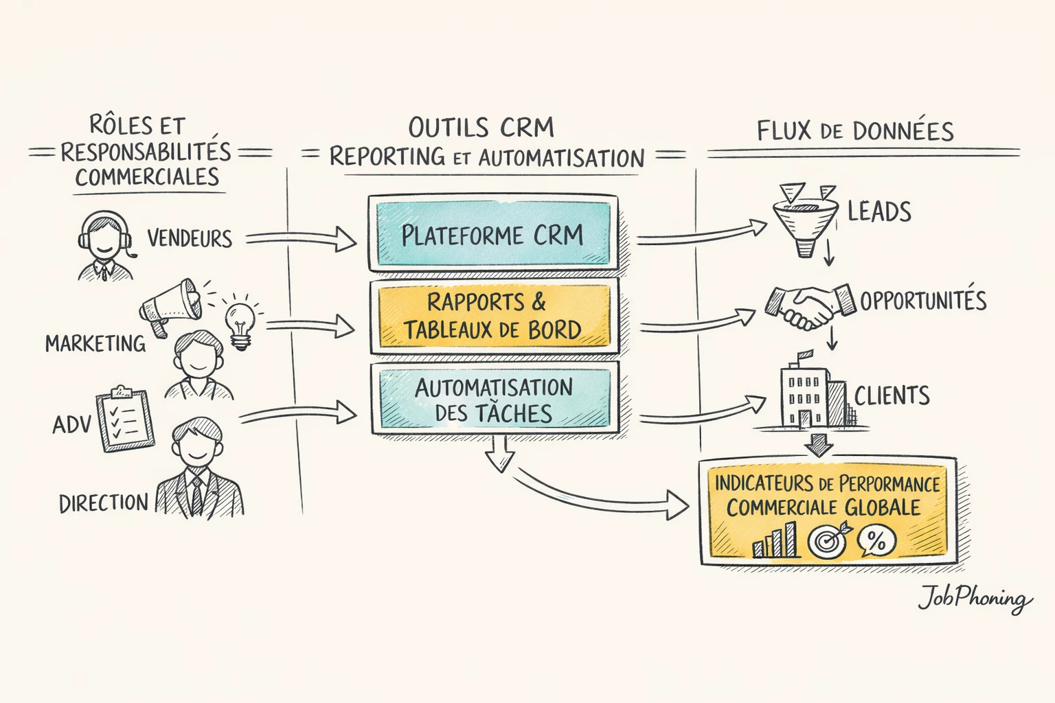 Schéma représentant un pilote commercial intégré via un hub central connectant rôles, outils et flux