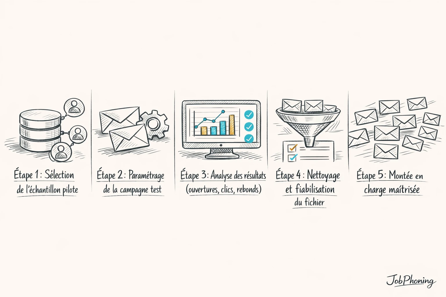 Schéma représentant un test d’email B2B via flèches, enveloppes et tableaux abstraits