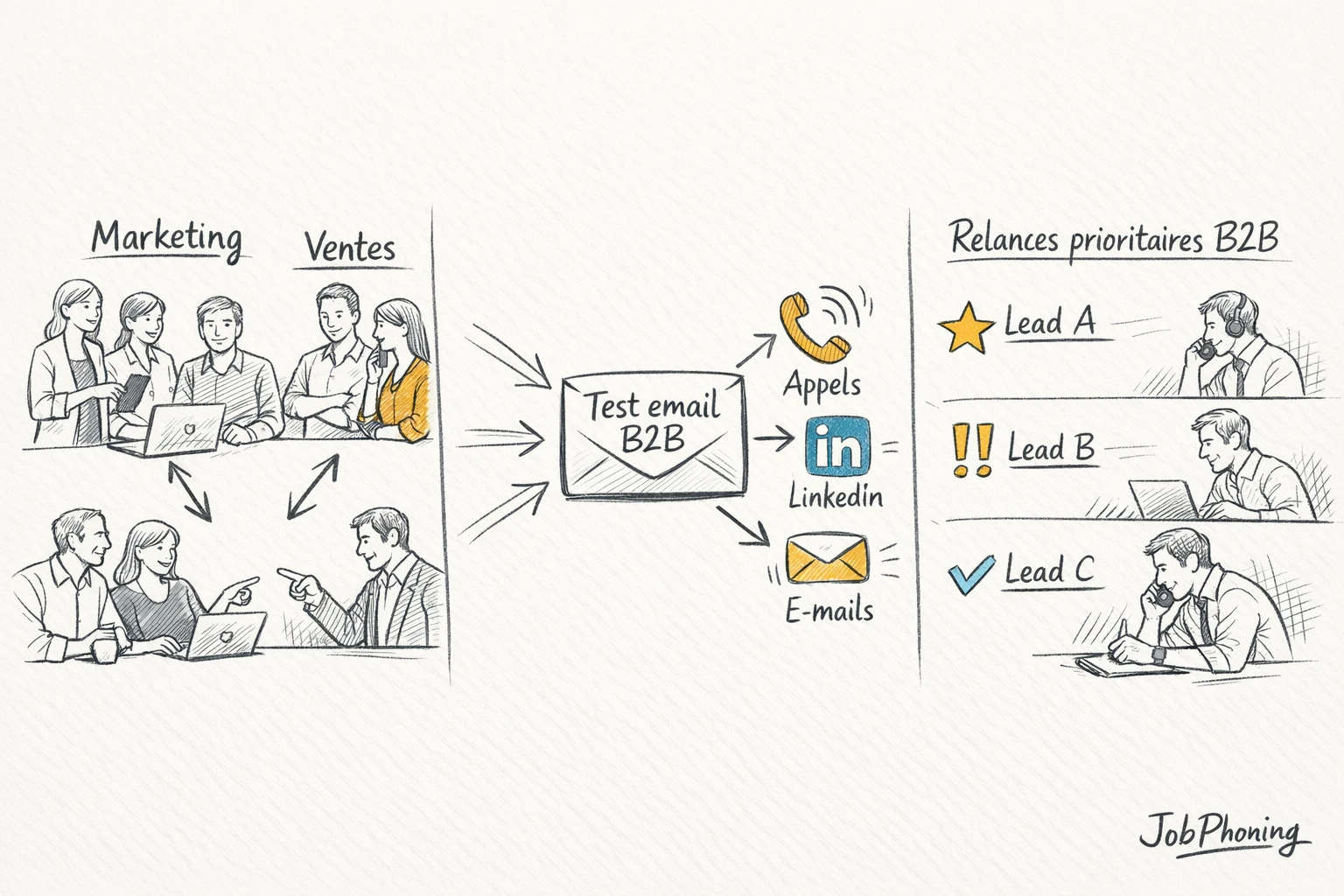 Infographie représentant l’intégration d’un test email B2B via un noyau central et plusieurs branches multicanales.