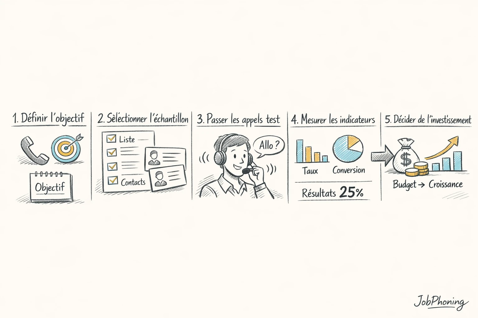 Schéma représentant un test d’échantillon téléphonique B2B via blocs alignés et flèches séquentielles.