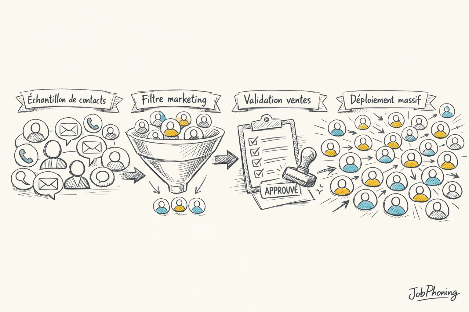 Infographie représentant la validation d’un échantillon de contacts via entonnoir, base et tableau central partagé.