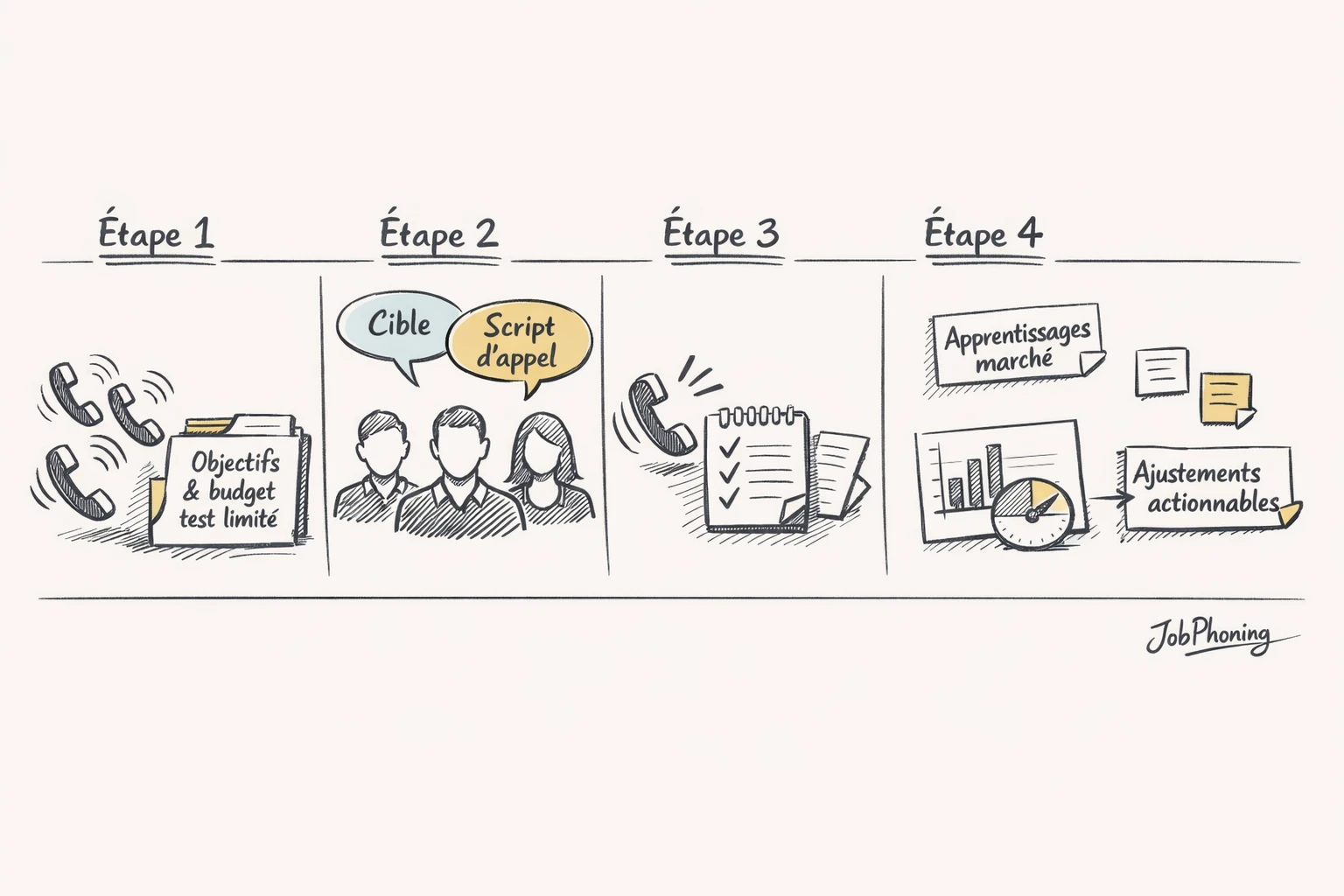 Schéma représentant une campagne test de téléprospection via un enchaînement de blocs et flèches minimalistes