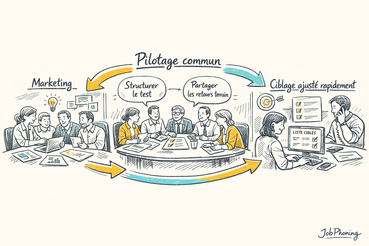Schéma représentant la coordination d’un test de prospection via cercles connectés et flux bidirectionnels