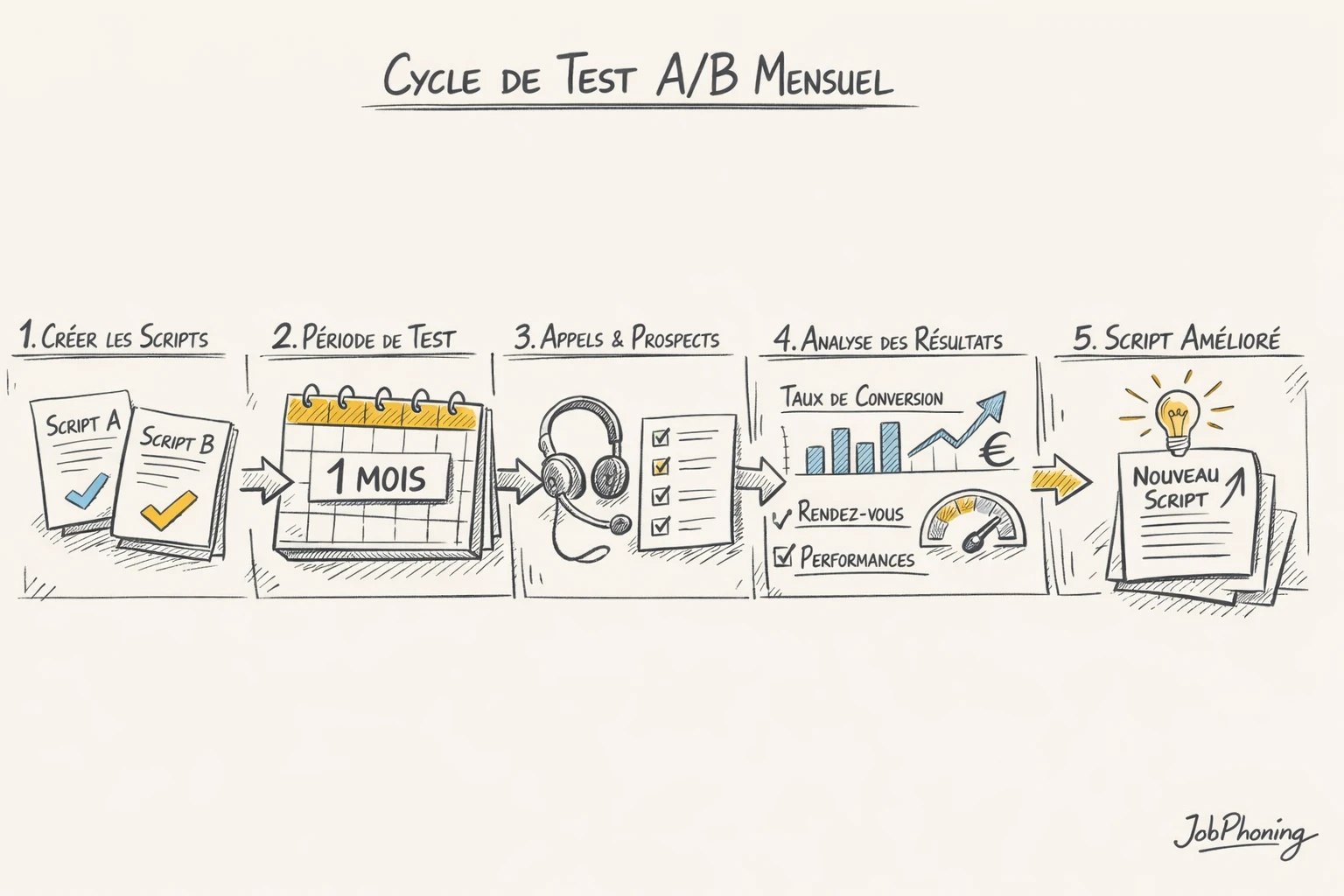 Schéma représentant un cycle de test A/B de scripts téléphoniques via blocs reliés par des