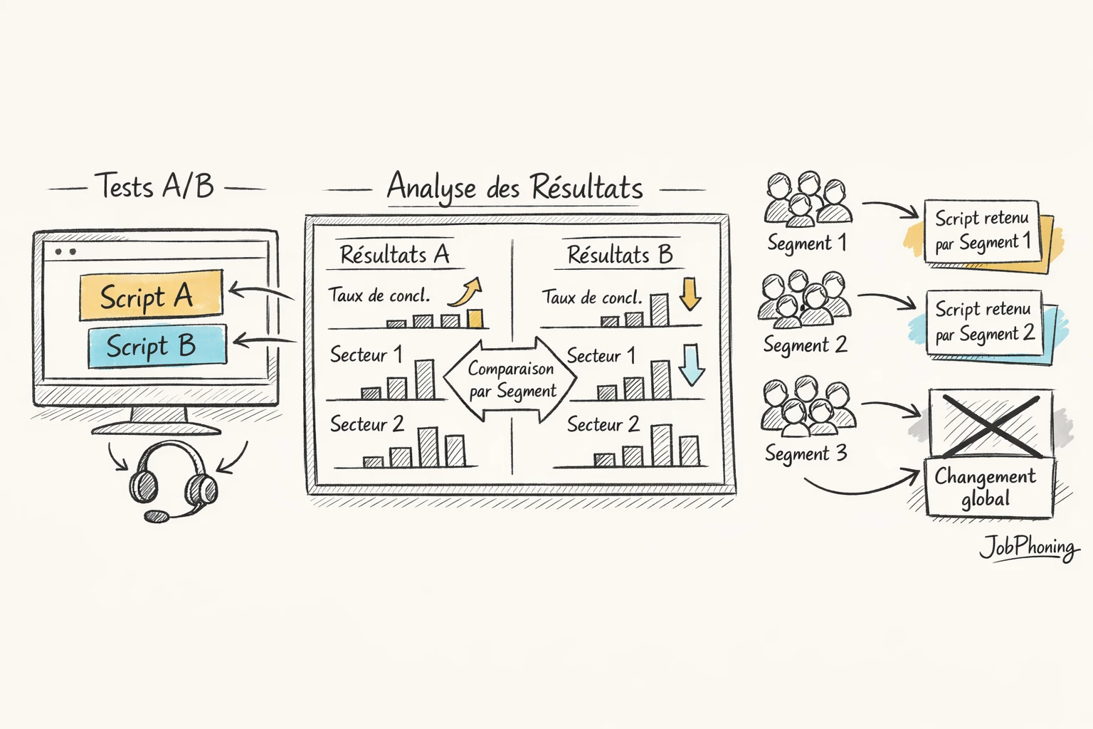 Schéma représentant l’intégration de tests A/B via rectangles connectés, segments et tableaux abstraits.