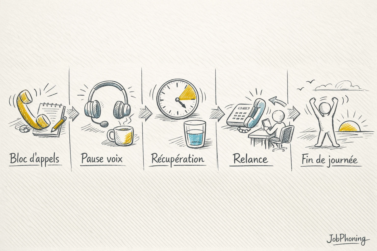 Schéma représentant organisation du rythme d’appels via étapes séquentielles équilibrées